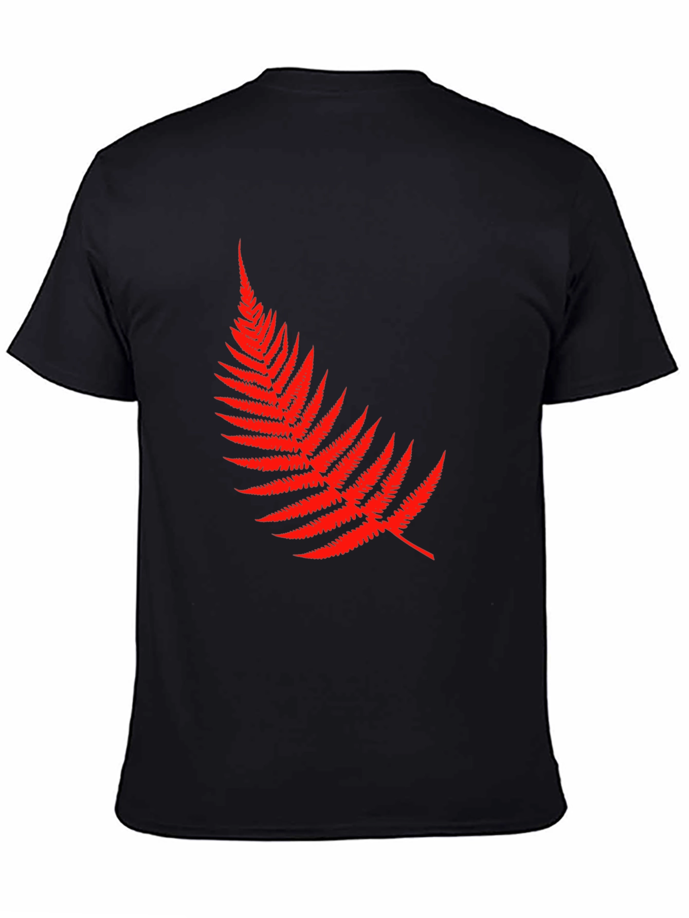 Red Fern Leaf Graphic Tee - Black Cotton T-Shirt