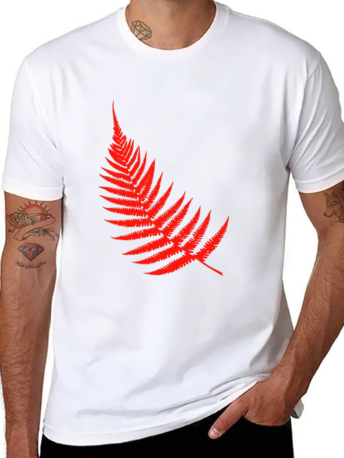 Red Fern Leaf Graphic Tee - Black Cotton T-Shirt
