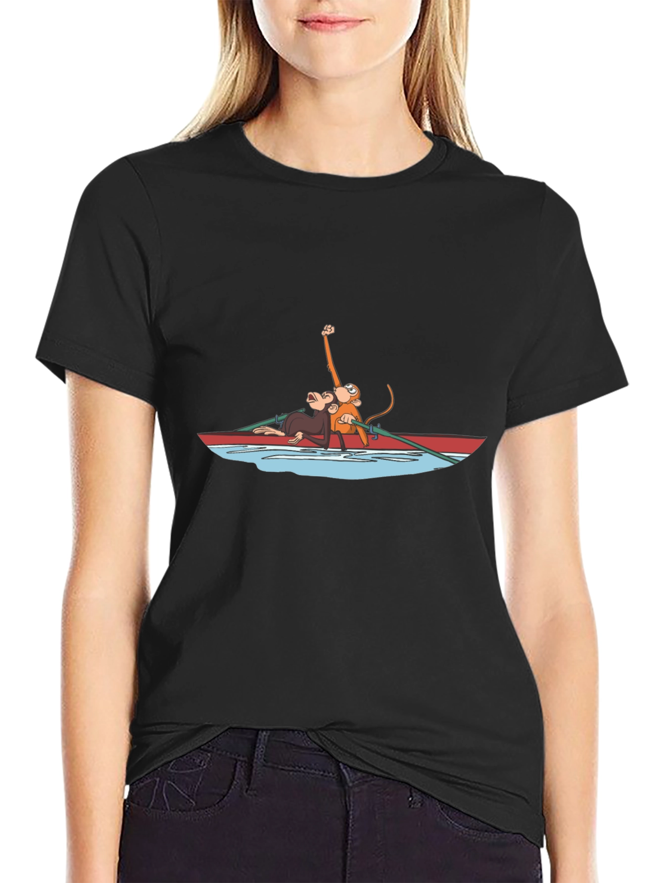 Monkey Rowboat Graphic T-Shirt - Unisex Black Tee