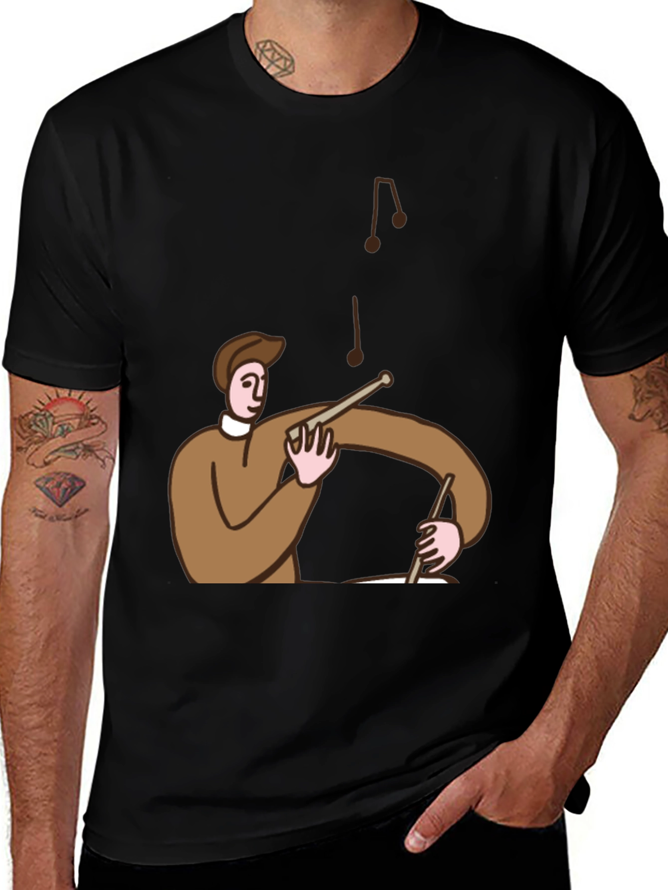 Cartoon Drummer T-Shirt - Black Cotton Tee