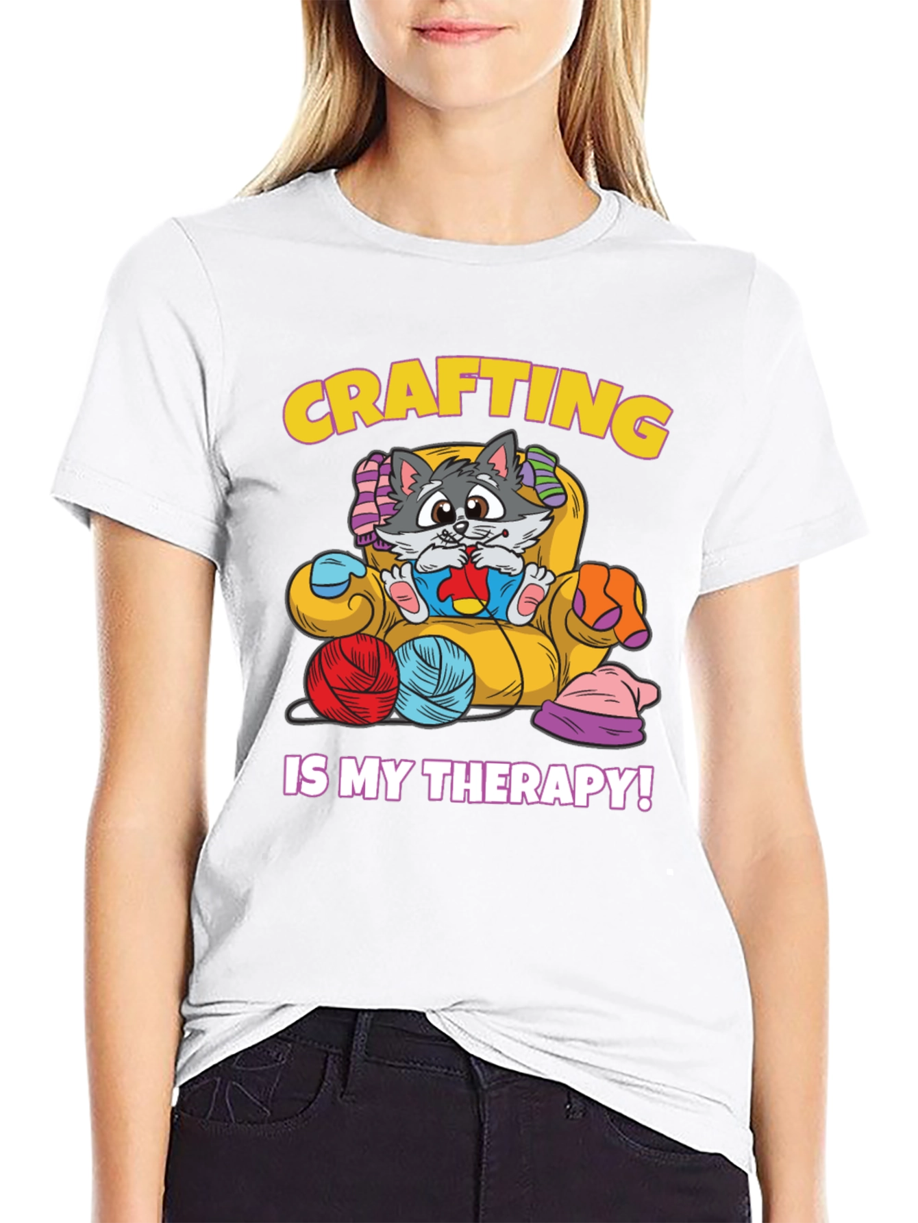 Crafting is My Therapy T-Shirt - Cute Cat Design