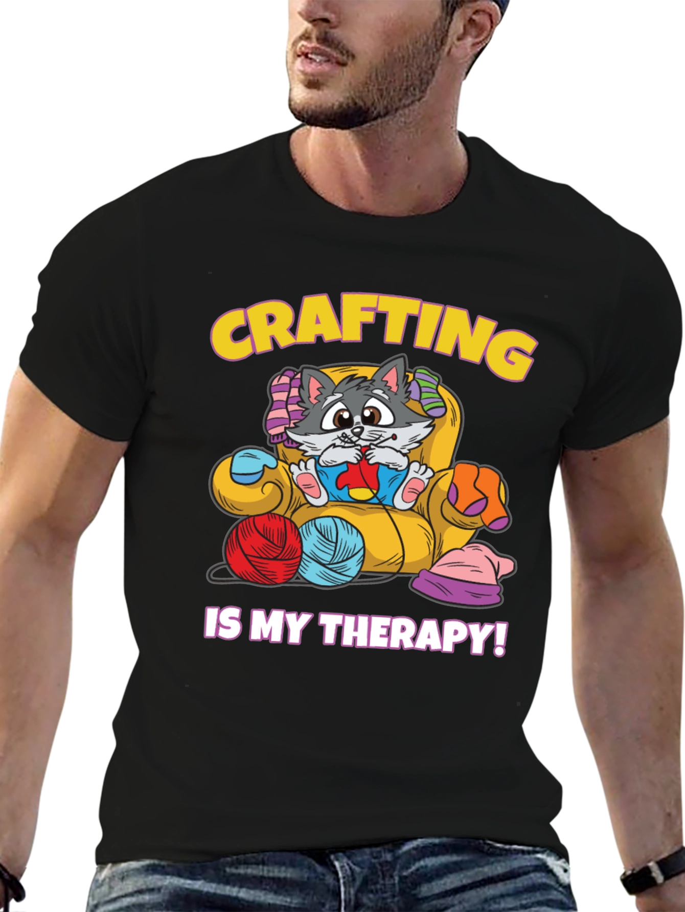 Crafting is My Therapy T-Shirt - Cute Cat Design
