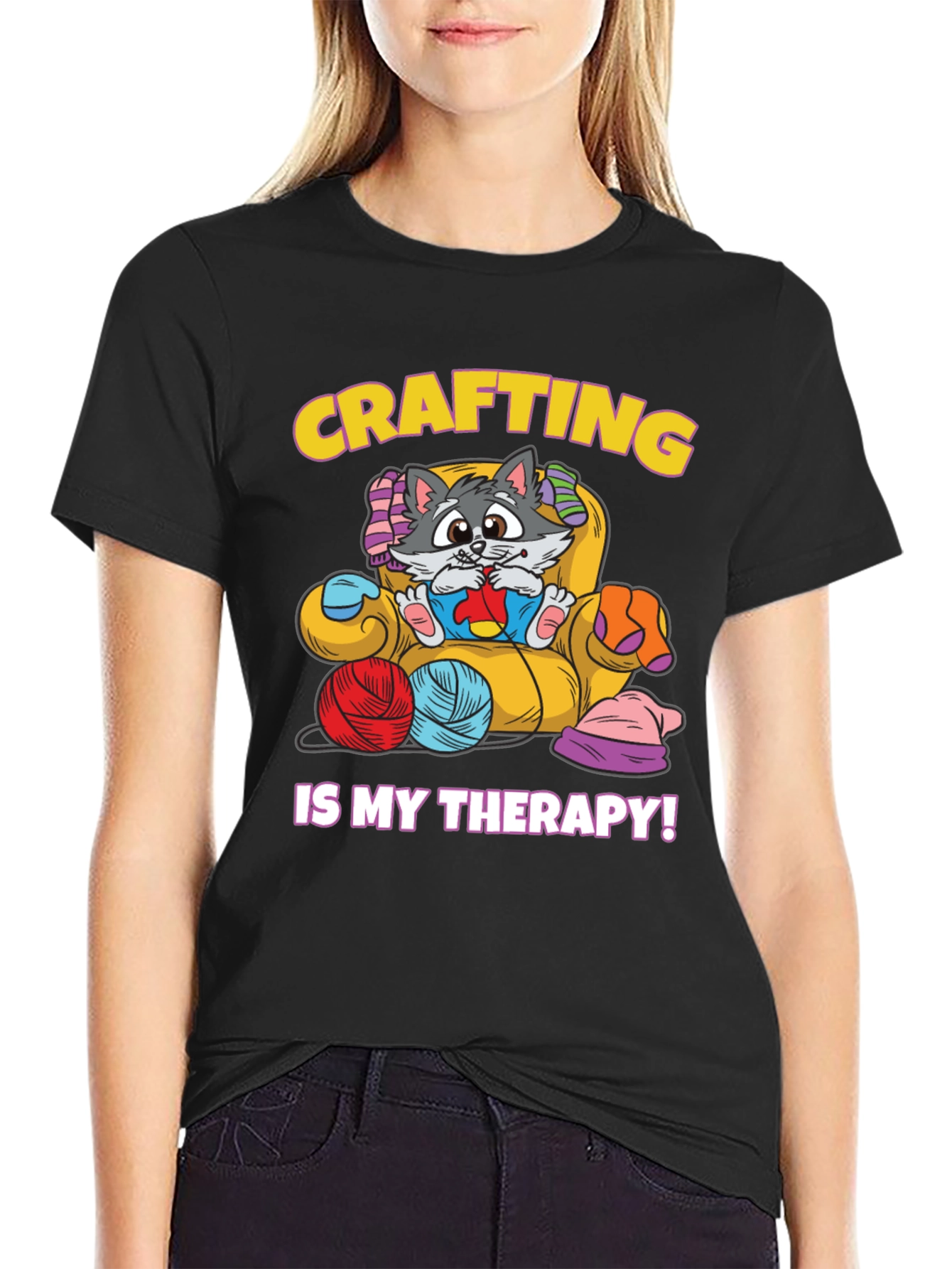 Crafting is My Therapy T-Shirt - Cute Cat Design
