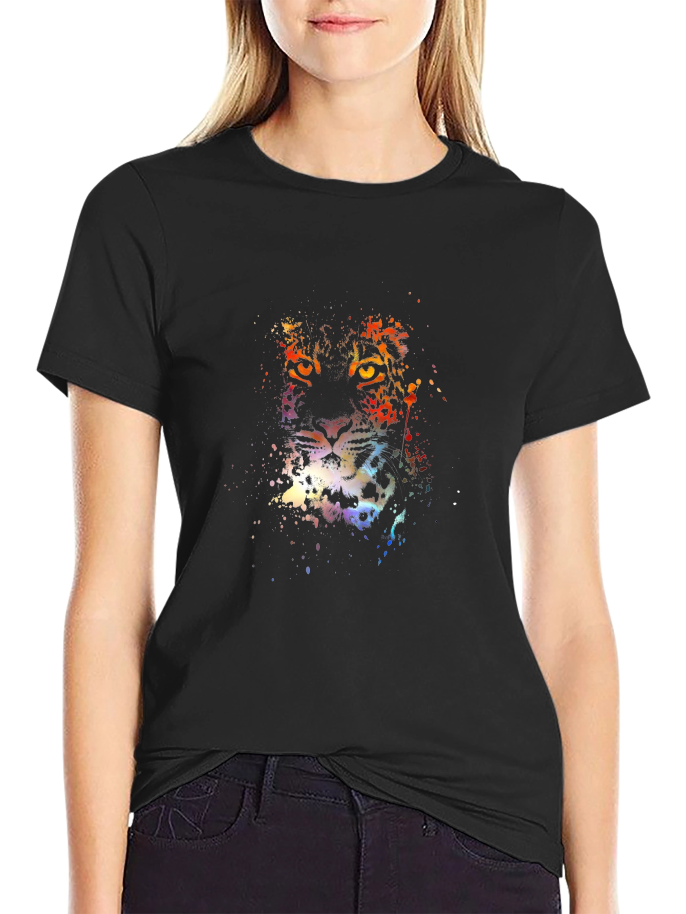 Vibrant Leopard Print Mens Black T-Shirt