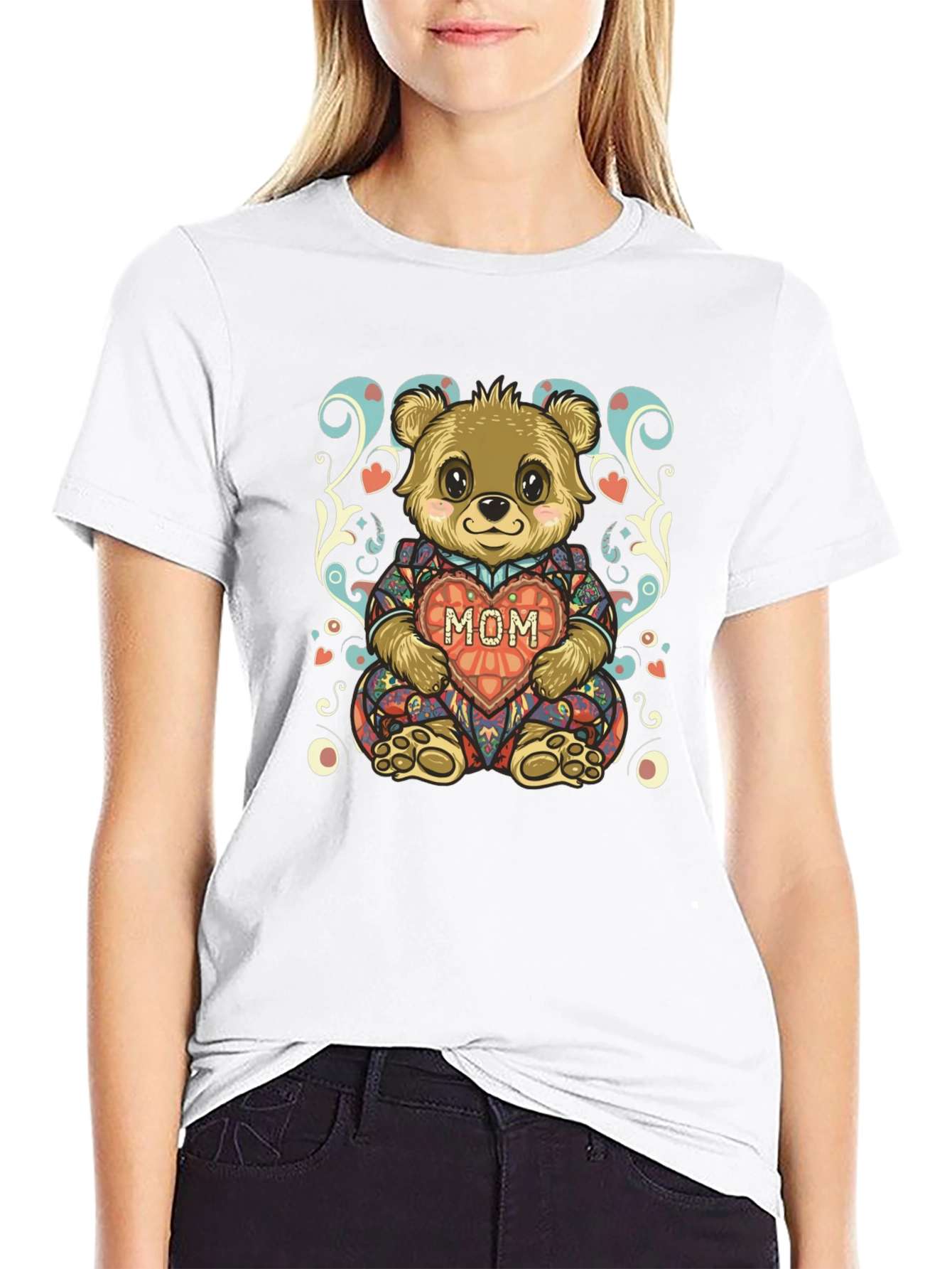 Cute Bear MOM Heart Graphic Black T-Shirt
