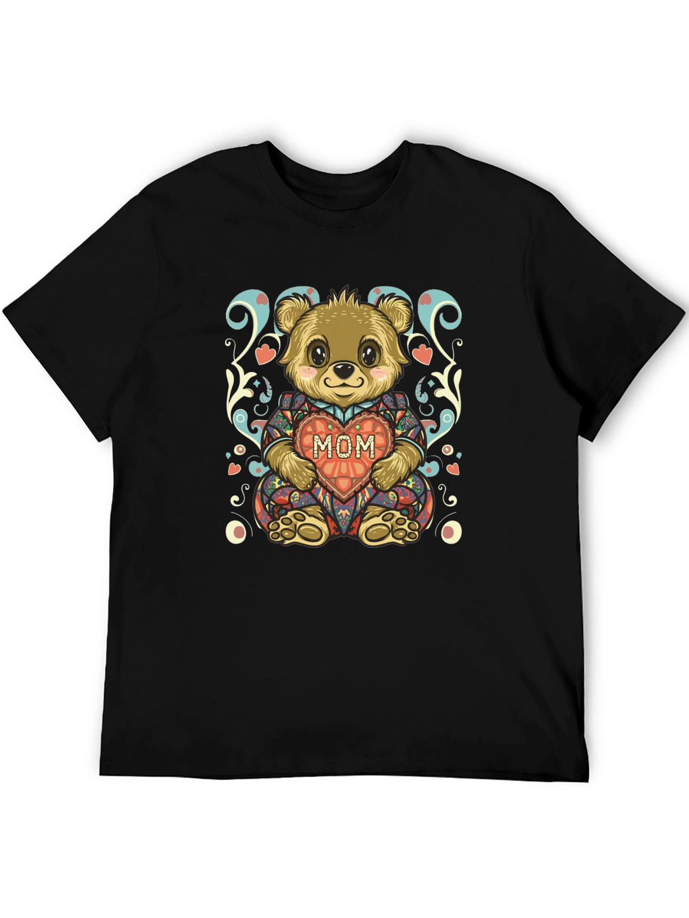 Cute Bear MOM Heart Graphic Black T-Shirt