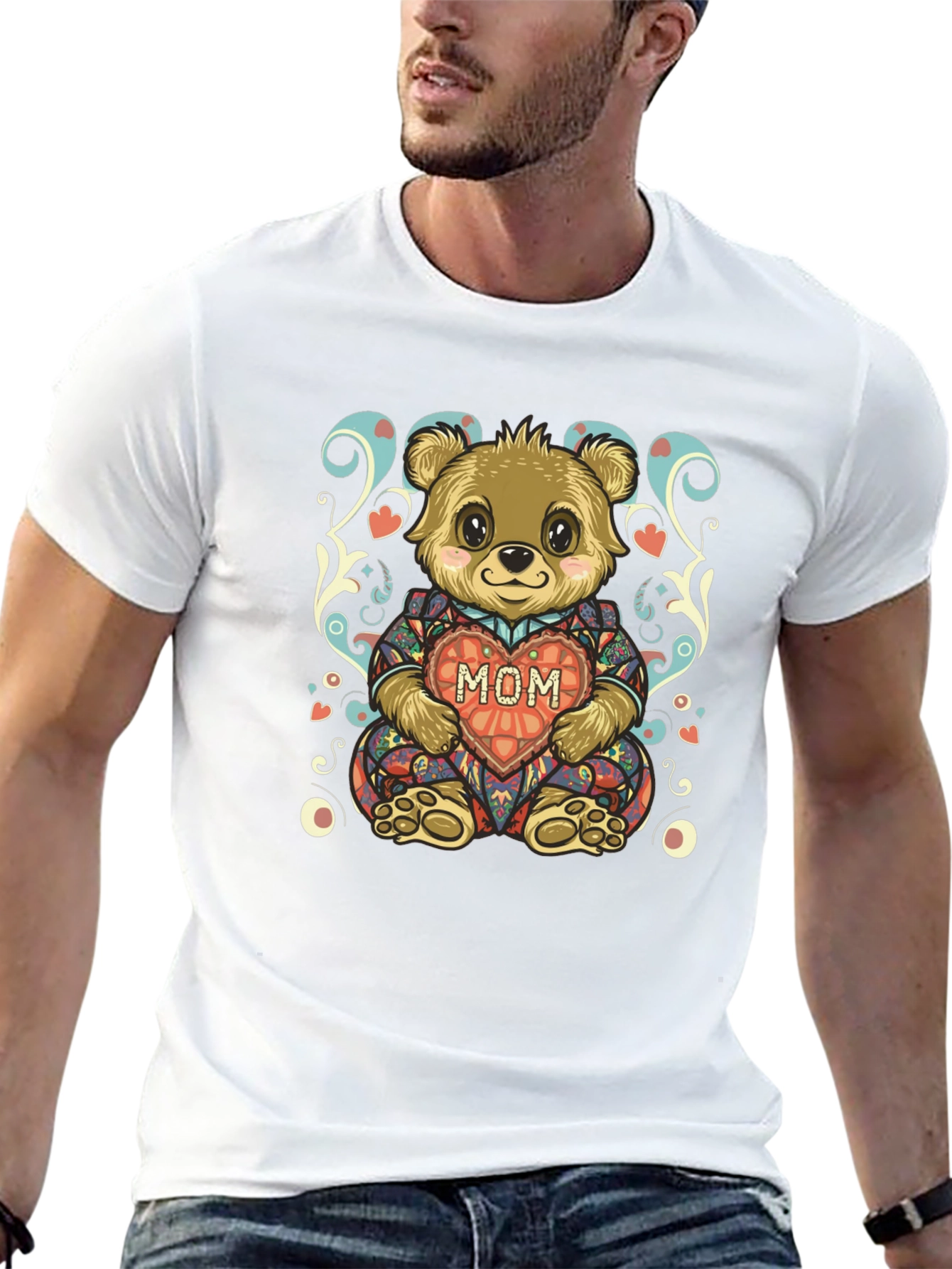 Cute Bear MOM Heart Graphic Black T-Shirt