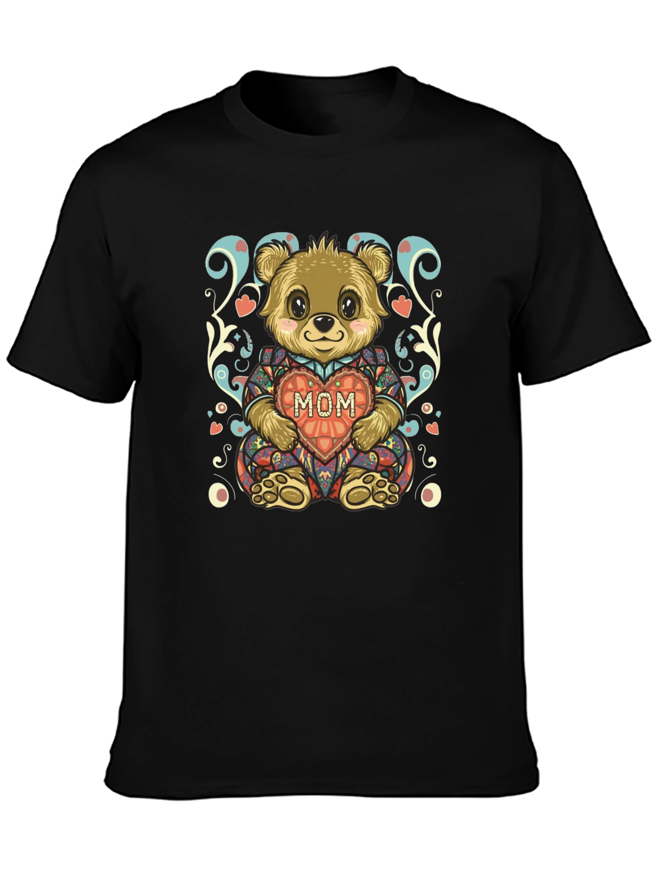 Cute Bear MOM Heart Graphic Black T-Shirt