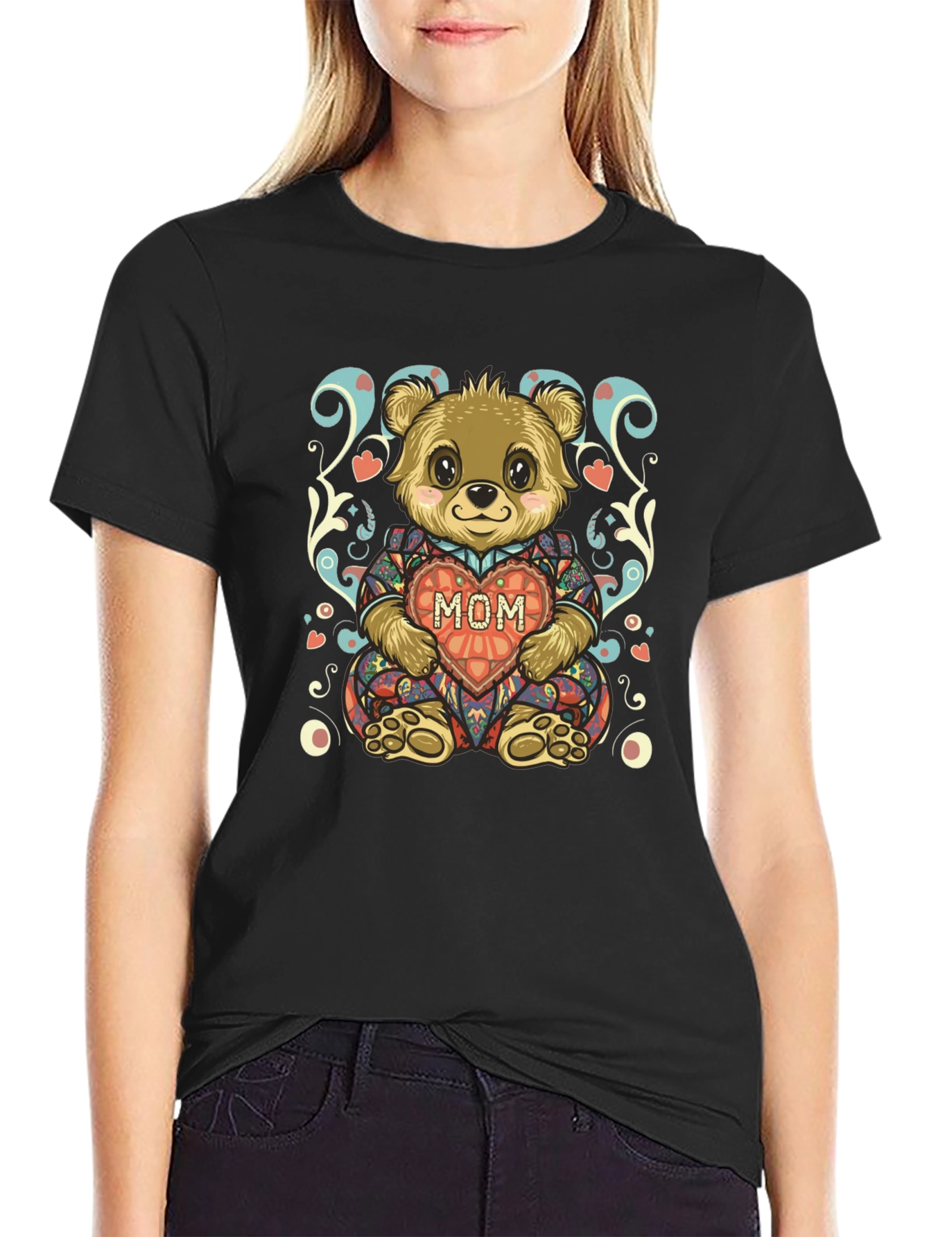 Cute Bear MOM Heart Graphic Black T-Shirt