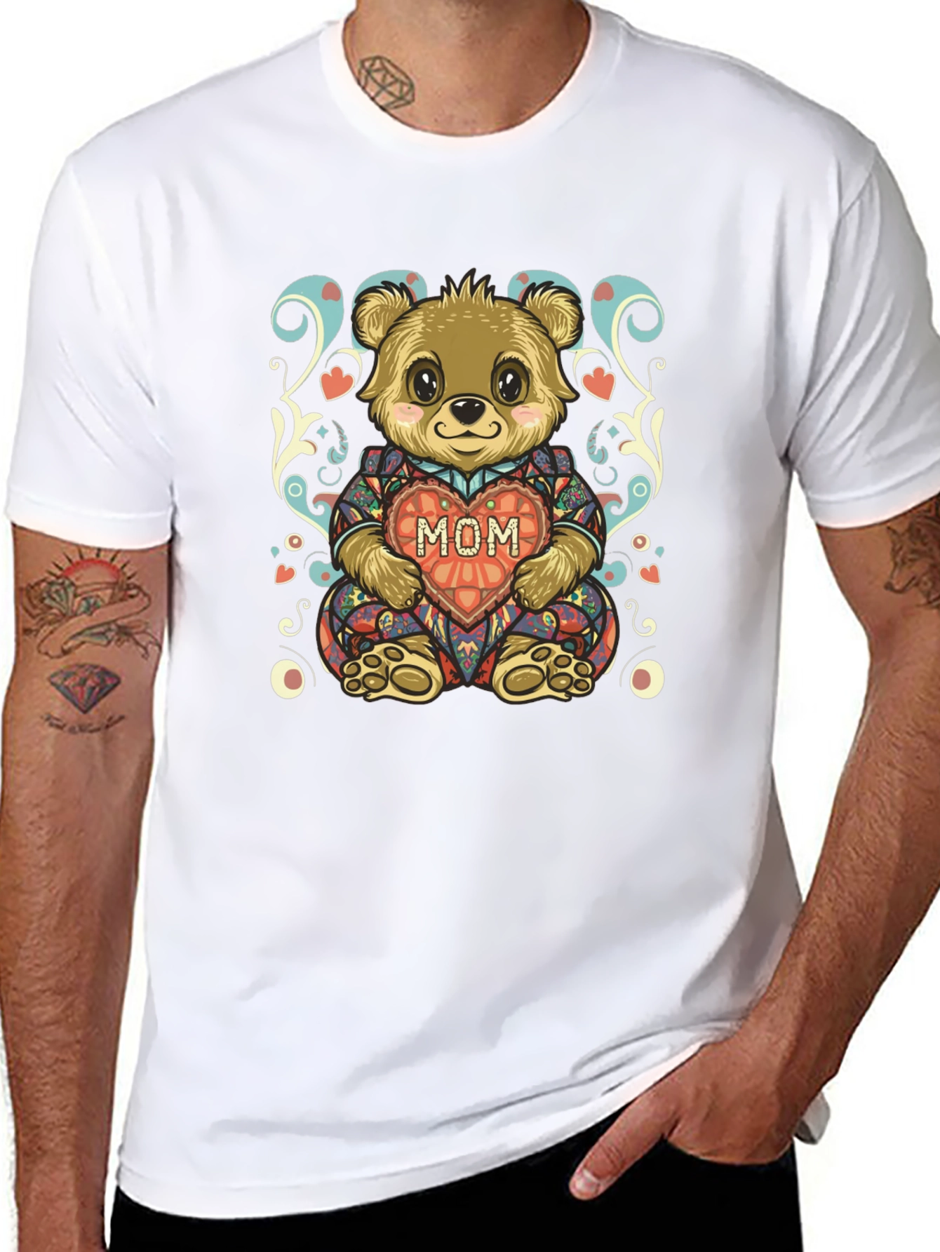 Cute Bear MOM Heart Graphic Black T-Shirt
