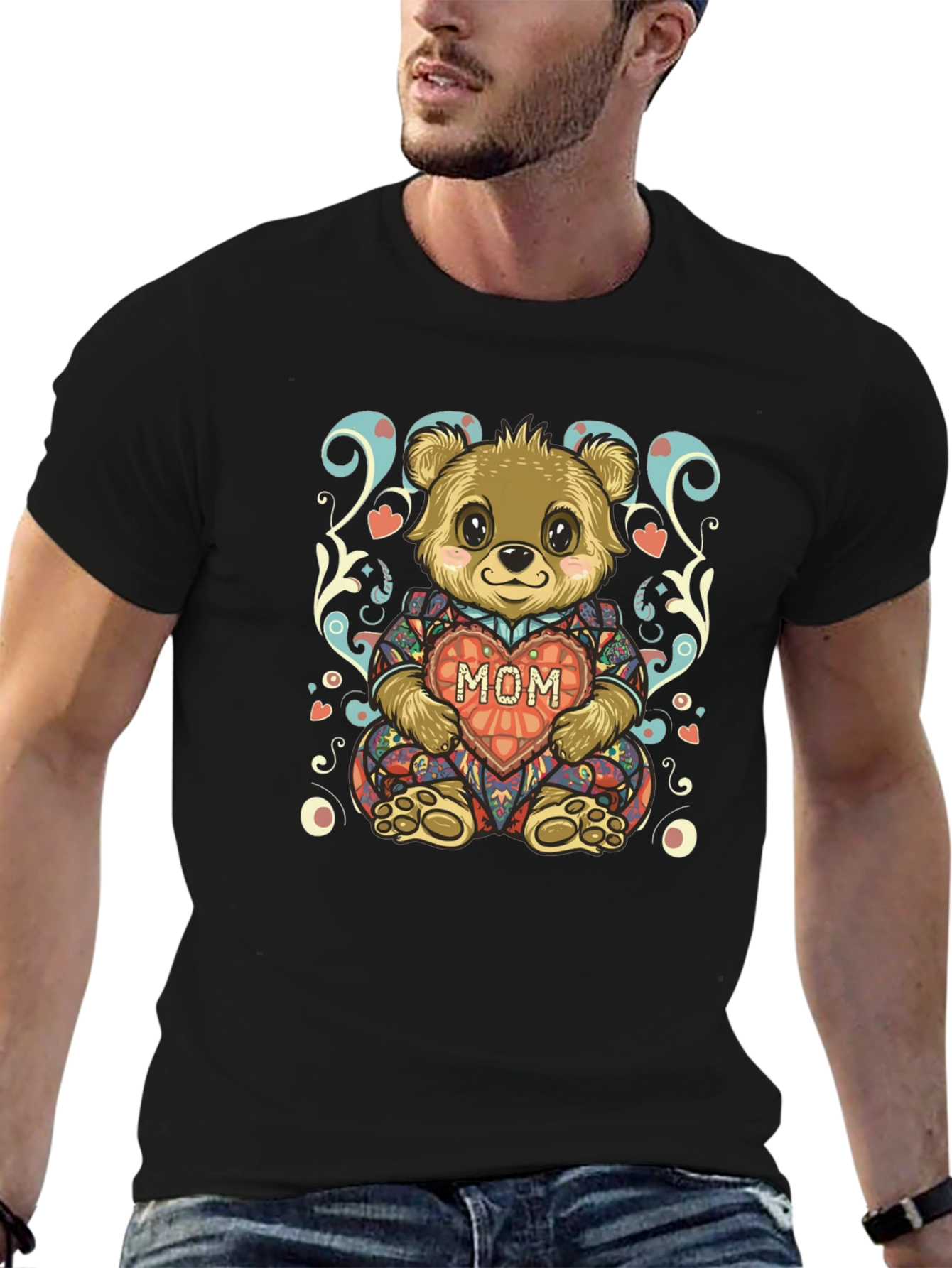 Cute Bear MOM Heart Graphic Black T-Shirt