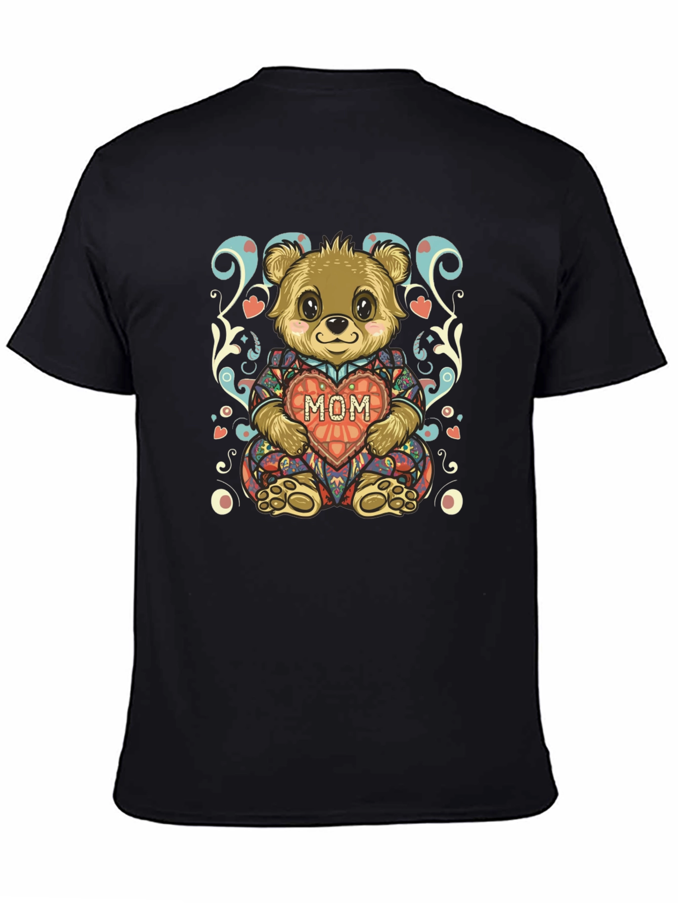 Cute Bear MOM Heart Graphic Black T-Shirt