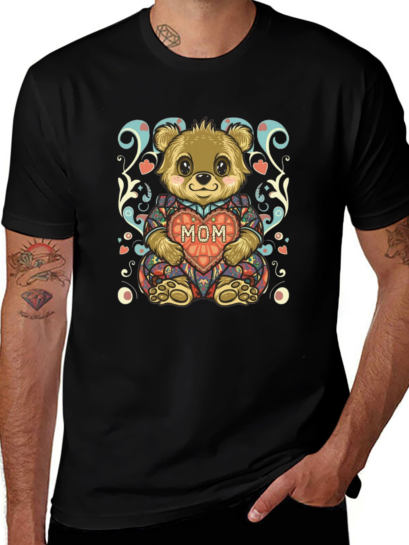 Cute Bear MOM Heart Graphic Black T-Shirt