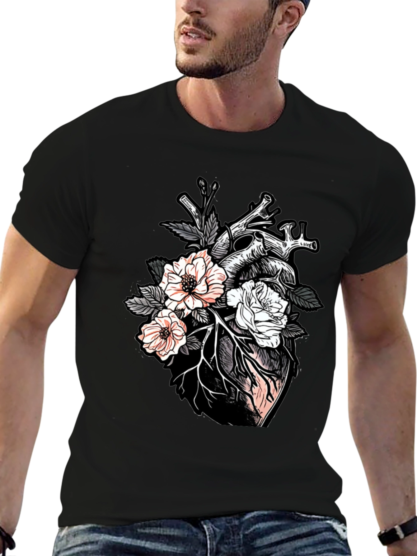 Floral Heart Graphic Tee - Unisex Black T-Shirt