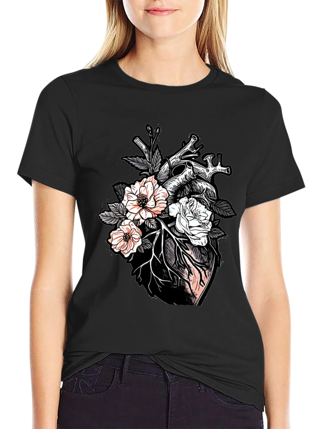 Floral Heart Graphic Tee - Unisex Black T-Shirt