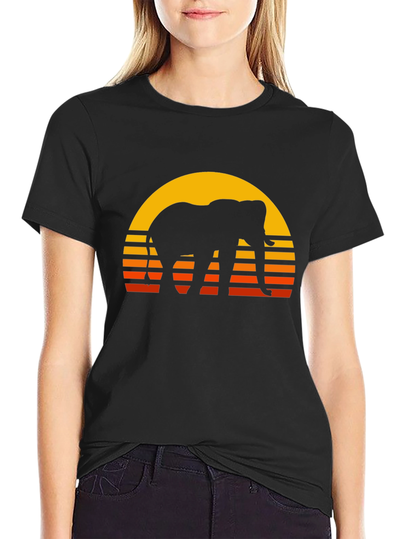 Elephant Sunset T-Shirt - Retro Style Black Tee