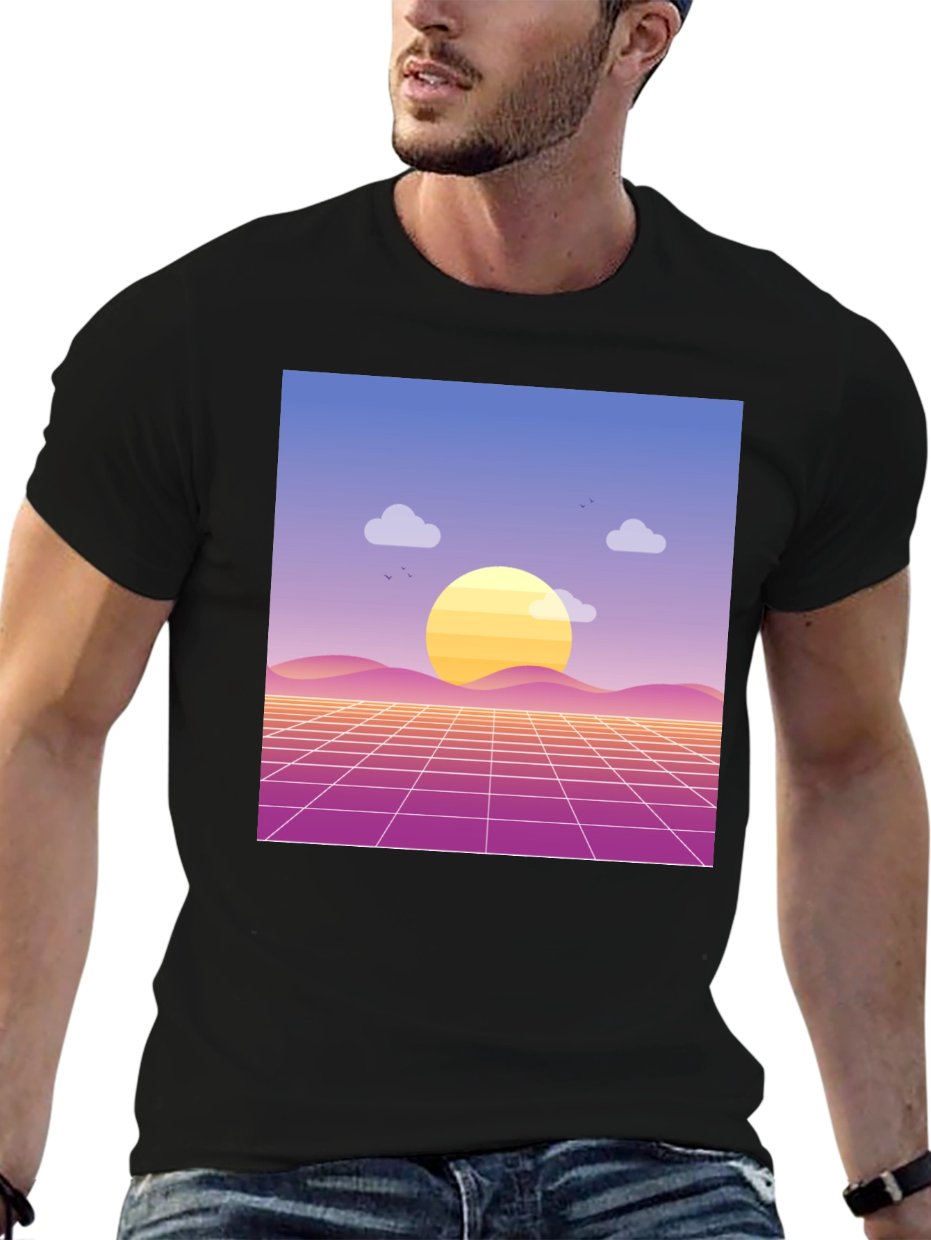 Retro Sunset Graphic Tee - Black Cotton Blend