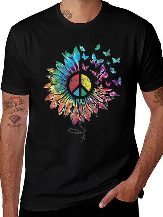 Sunflower Peace Sign Butterfly Graphic T-Shirt