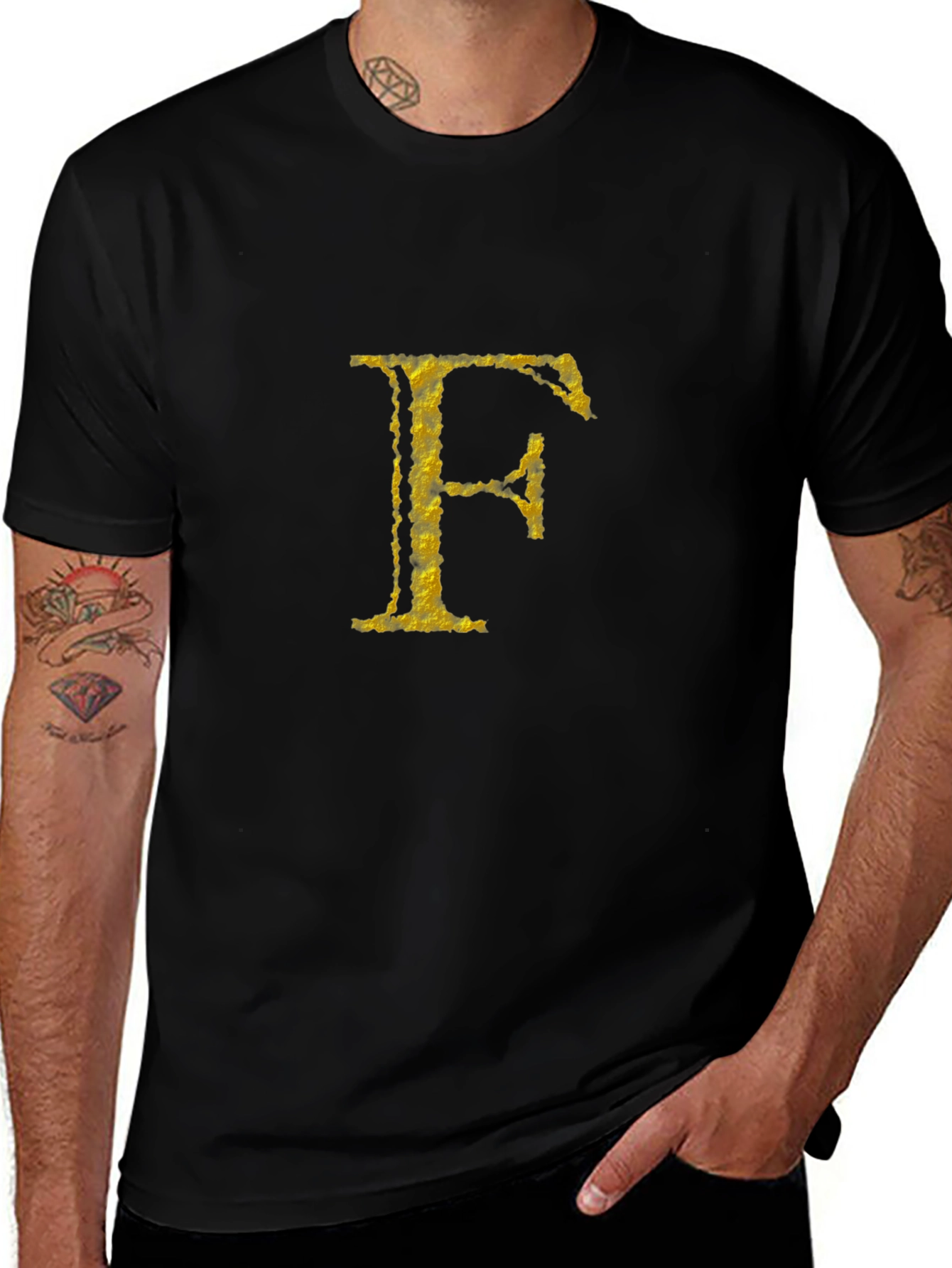 Mens Black T-Shirt with Golden Letter F Design