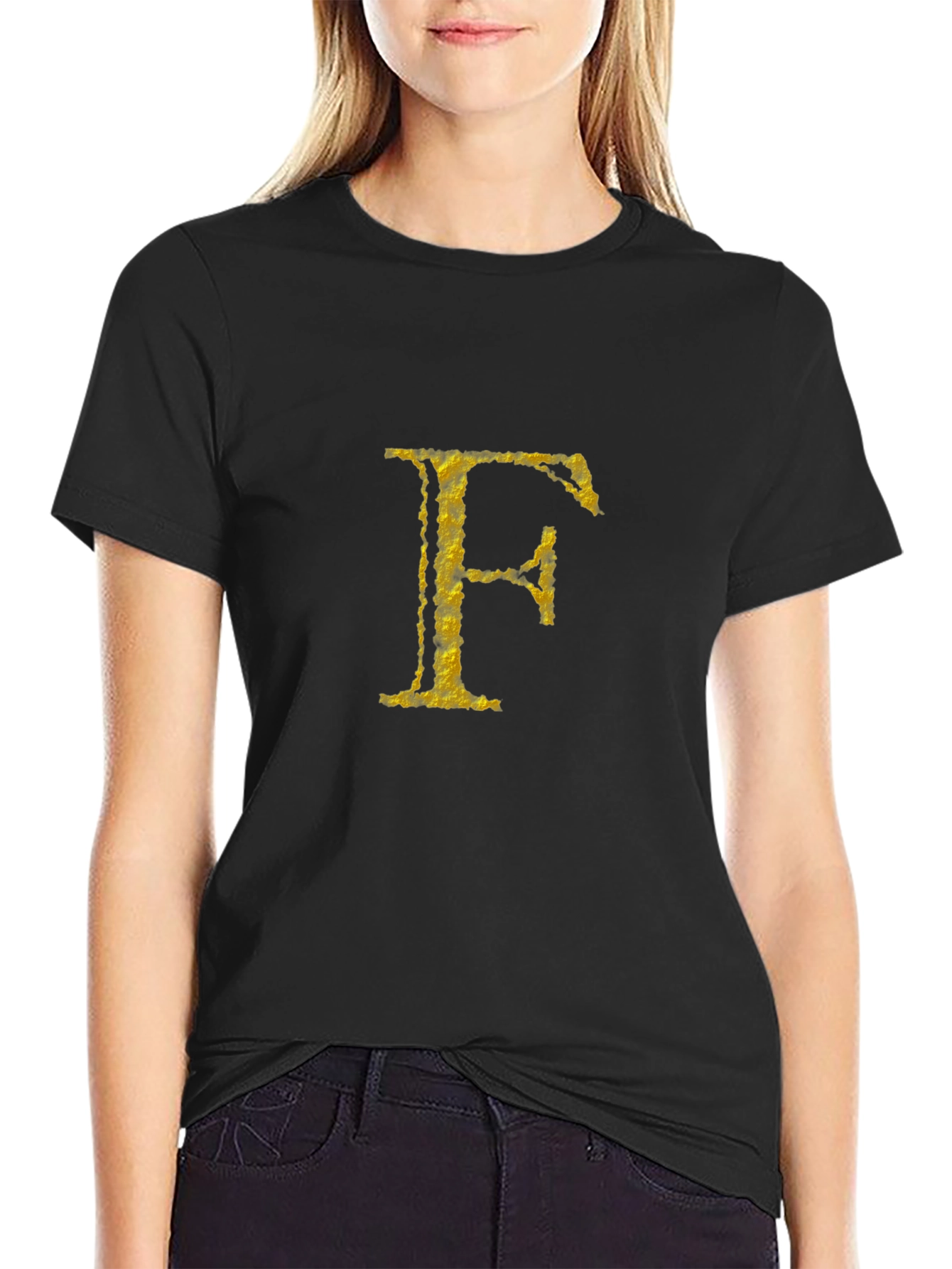 Mens Black T-Shirt with Golden Letter F Design