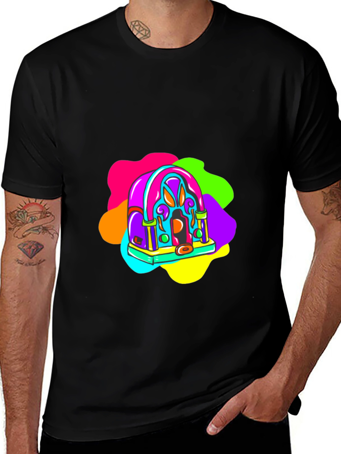 Retro Radio Black T-Shirt: Vibrant & Funky Design