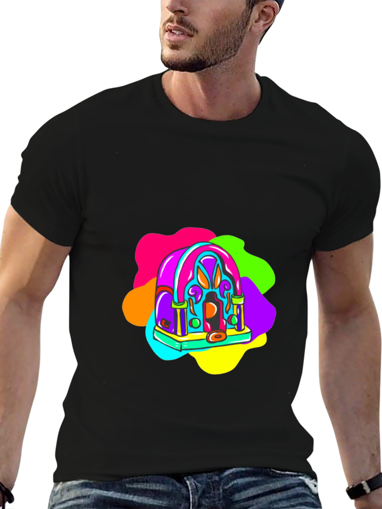 Retro Radio Black T-Shirt: Vibrant & Funky Design