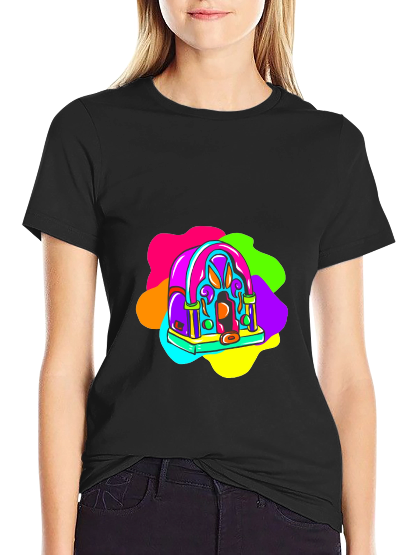 Retro Radio Black T-Shirt: Vibrant & Funky Design
