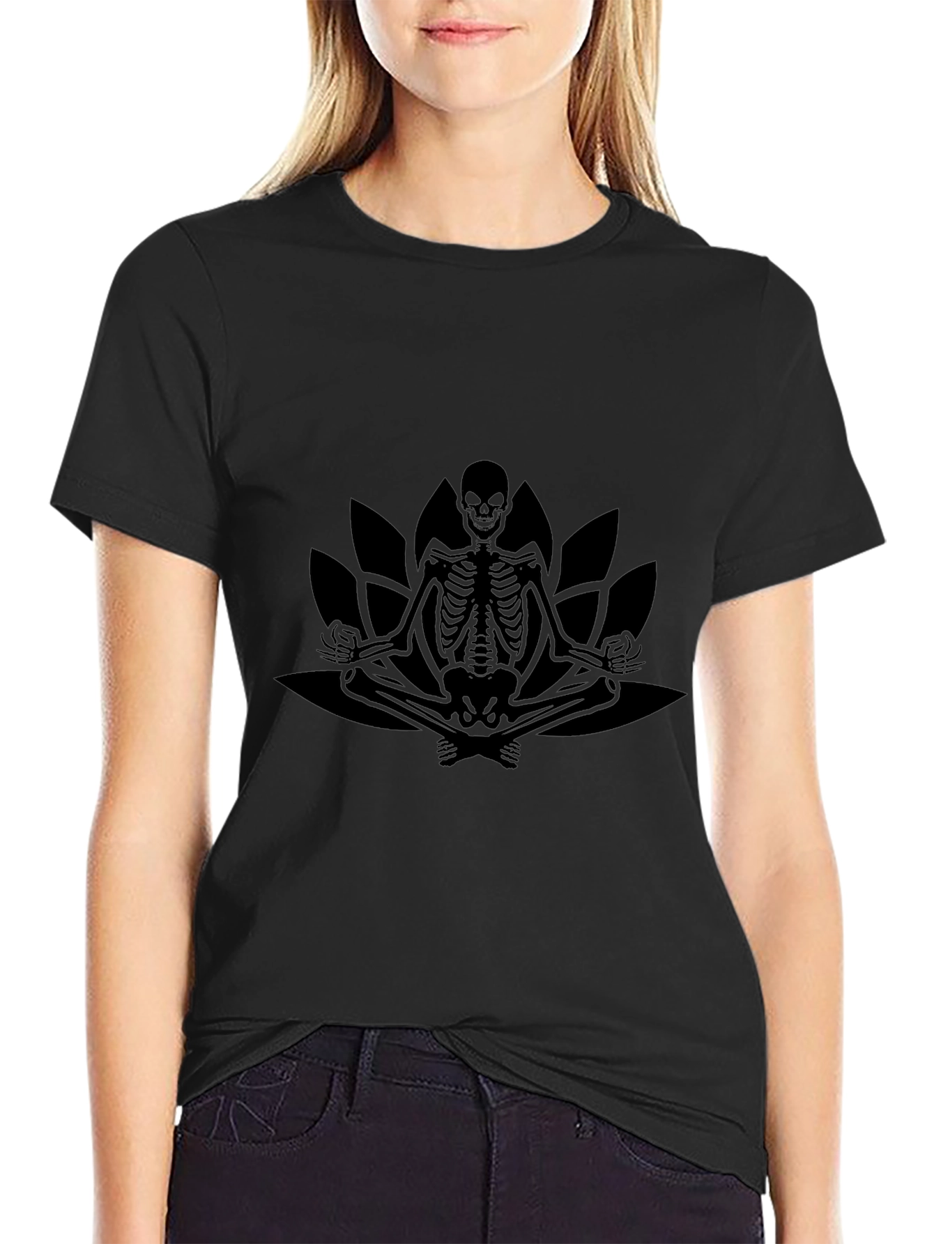 Meditating Skeleton Lotus Graphic Tee - Black