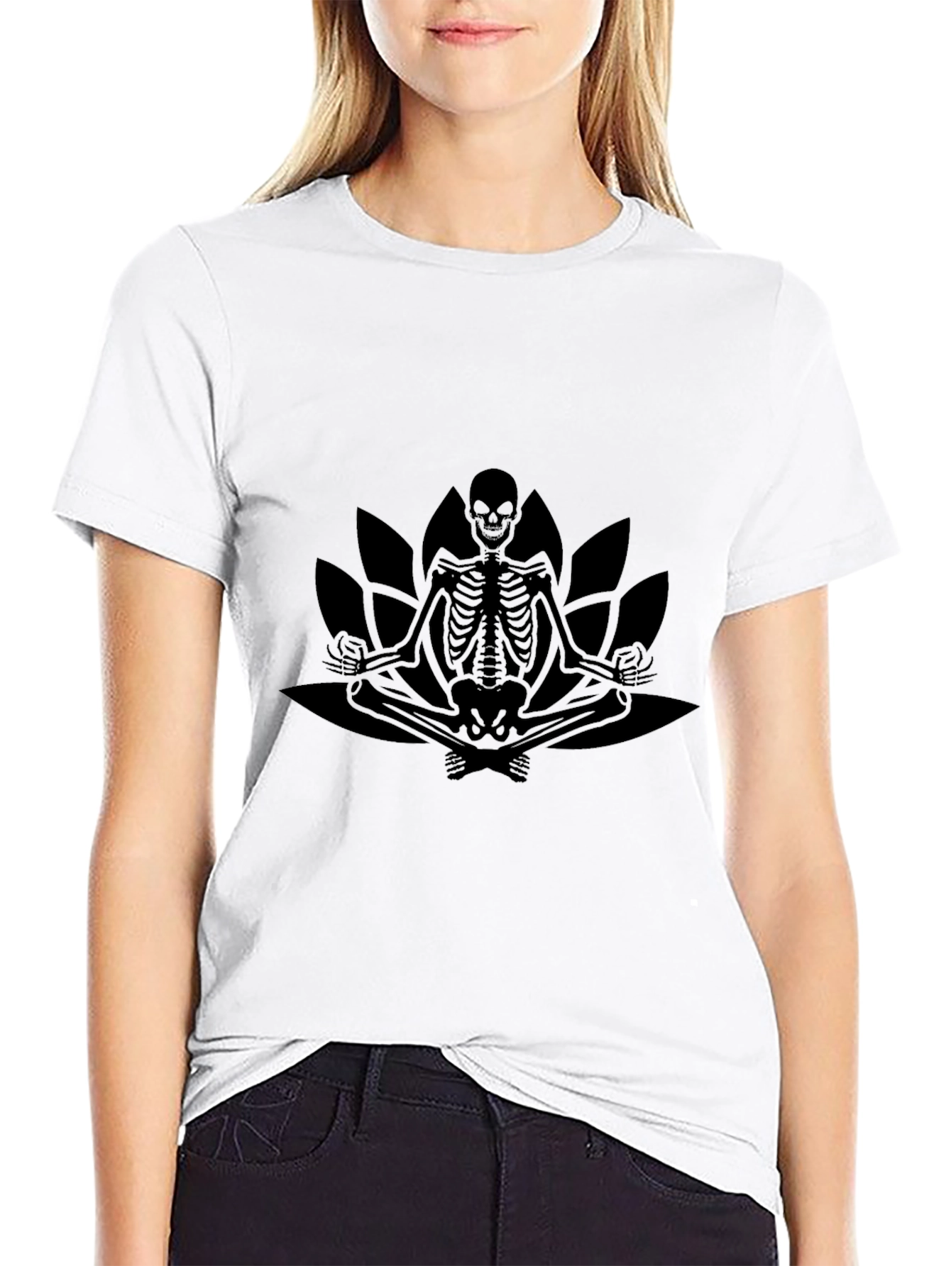 Meditating Skeleton Lotus Graphic Tee - Black