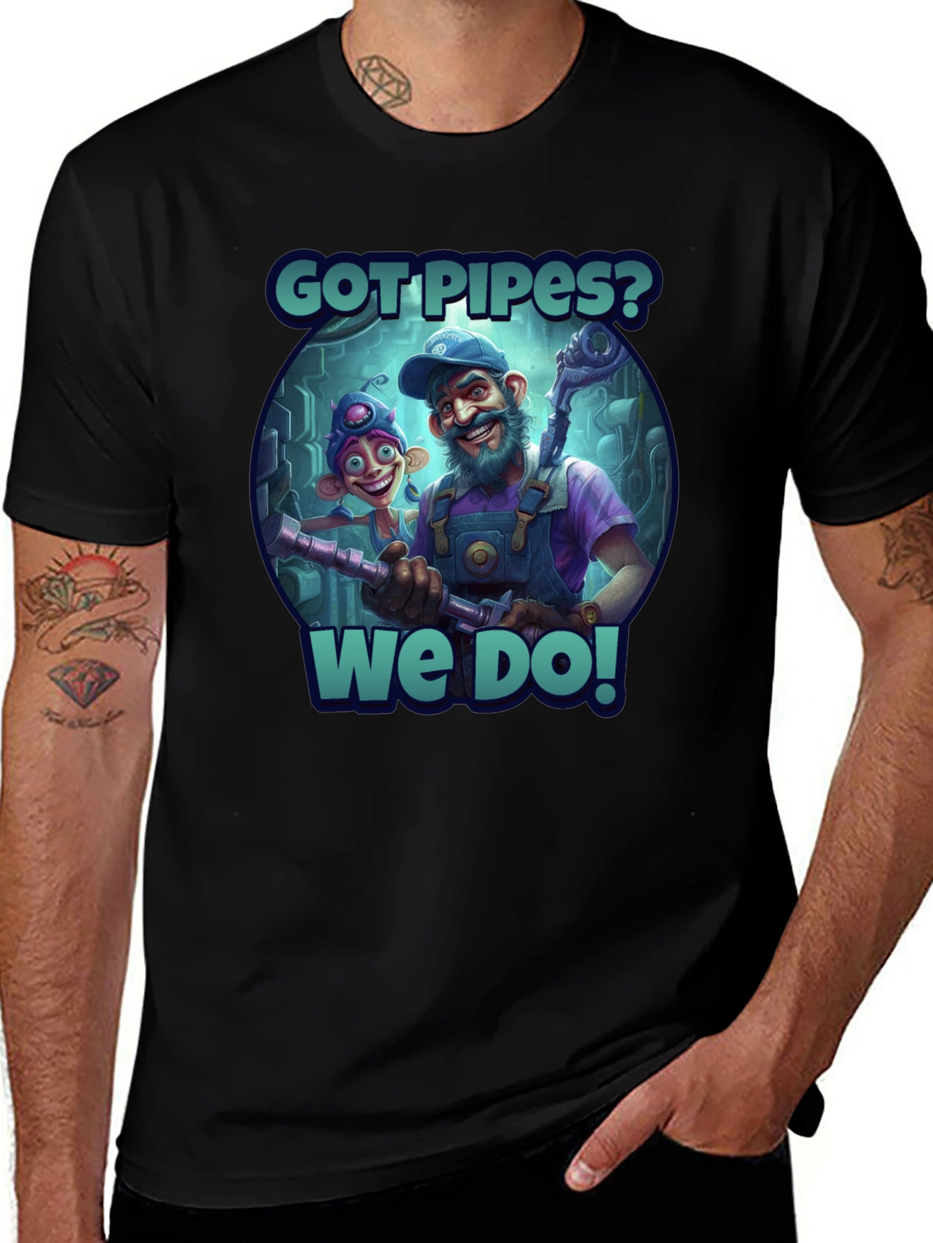 Got Pipes? Funny Cartoon Plumbers Black T-Shirt