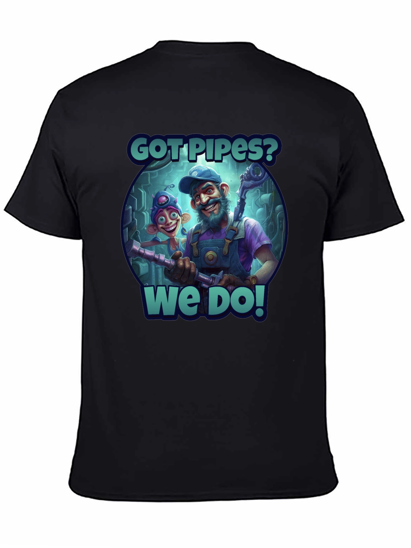 Got Pipes? Funny Cartoon Plumbers Black T-Shirt