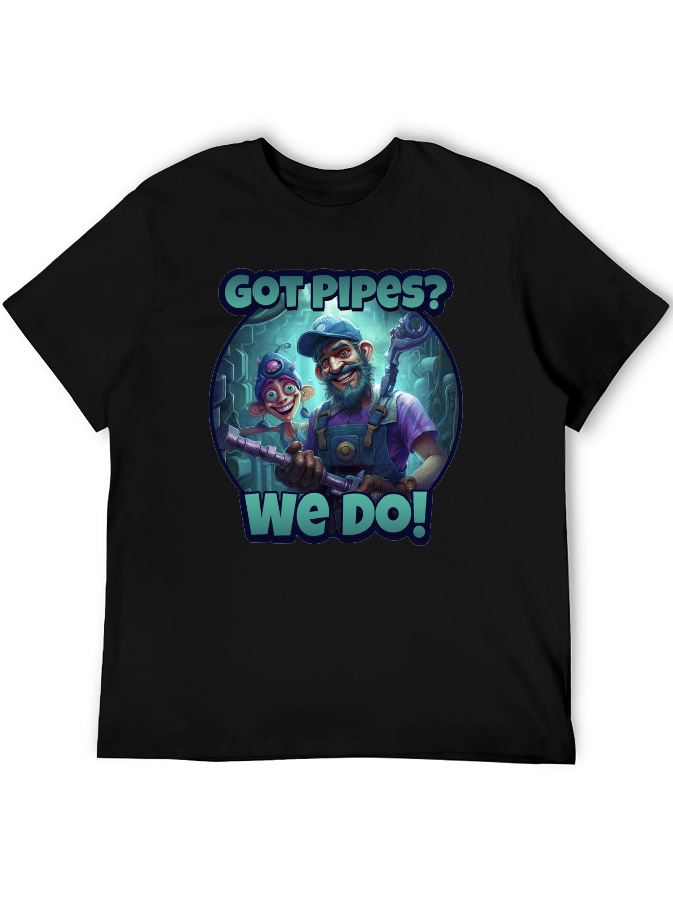 Got Pipes? Funny Cartoon Plumbers Black T-Shirt