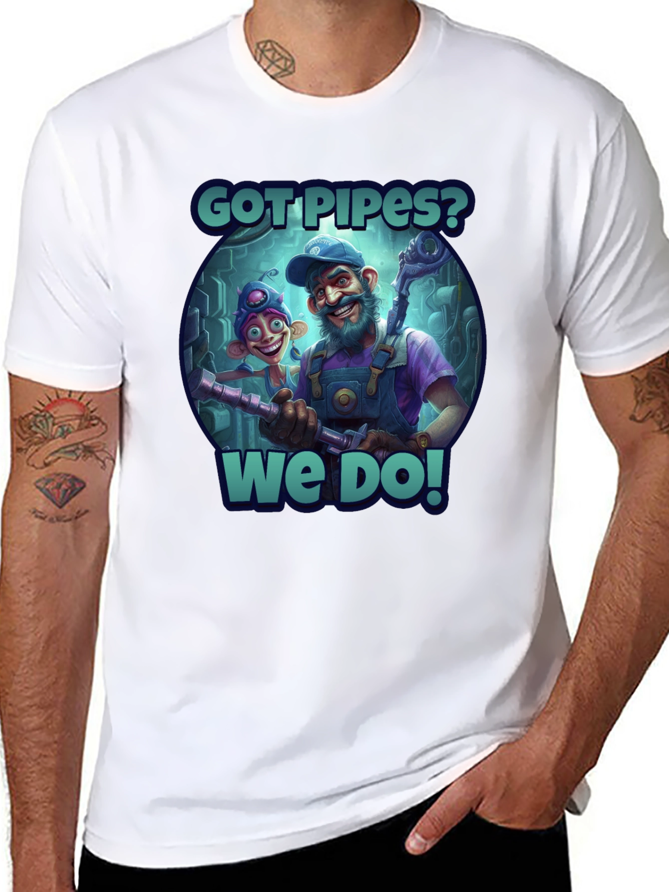 Got Pipes? Funny Cartoon Plumbers Black T-Shirt