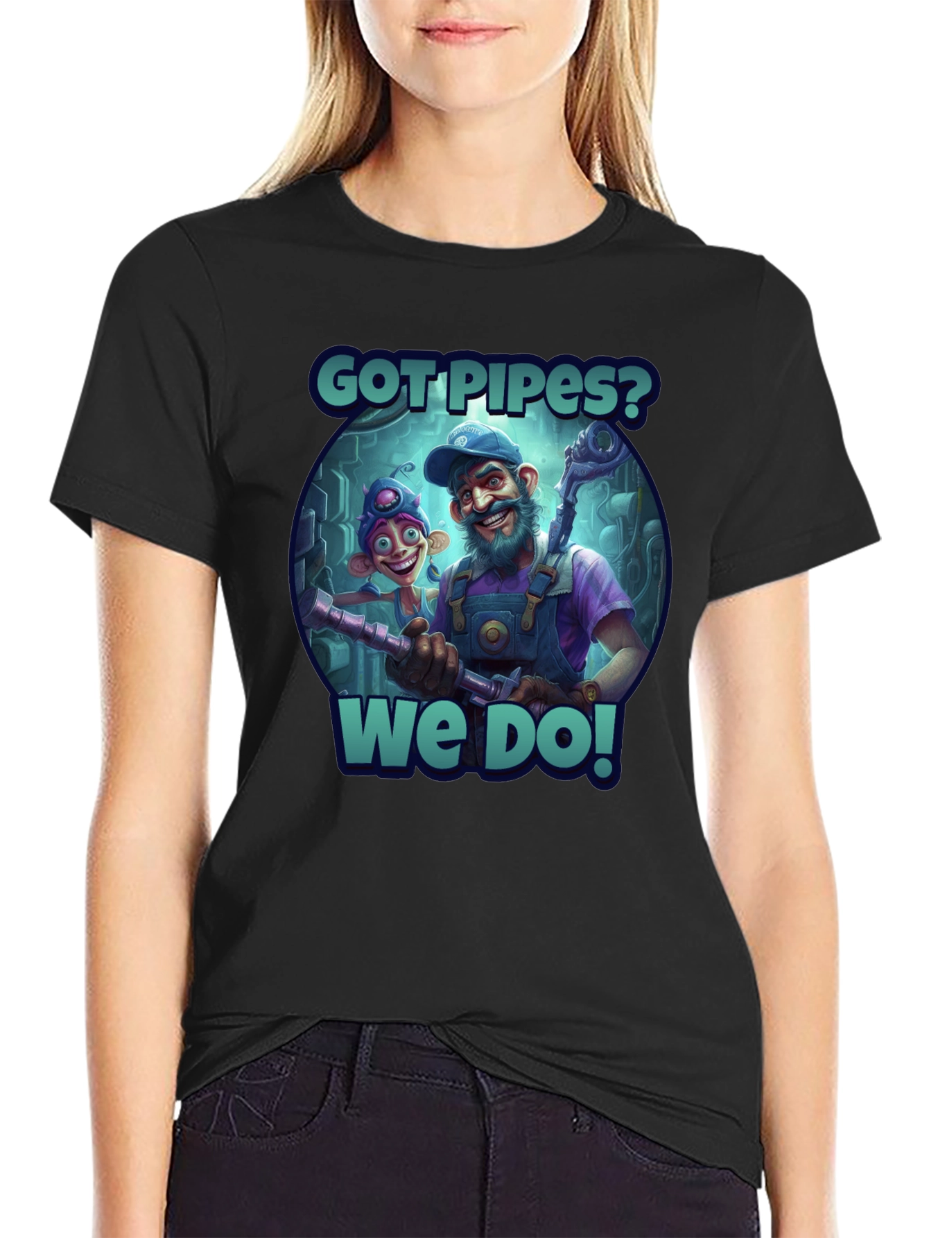 Got Pipes? Funny Cartoon Plumbers Black T-Shirt