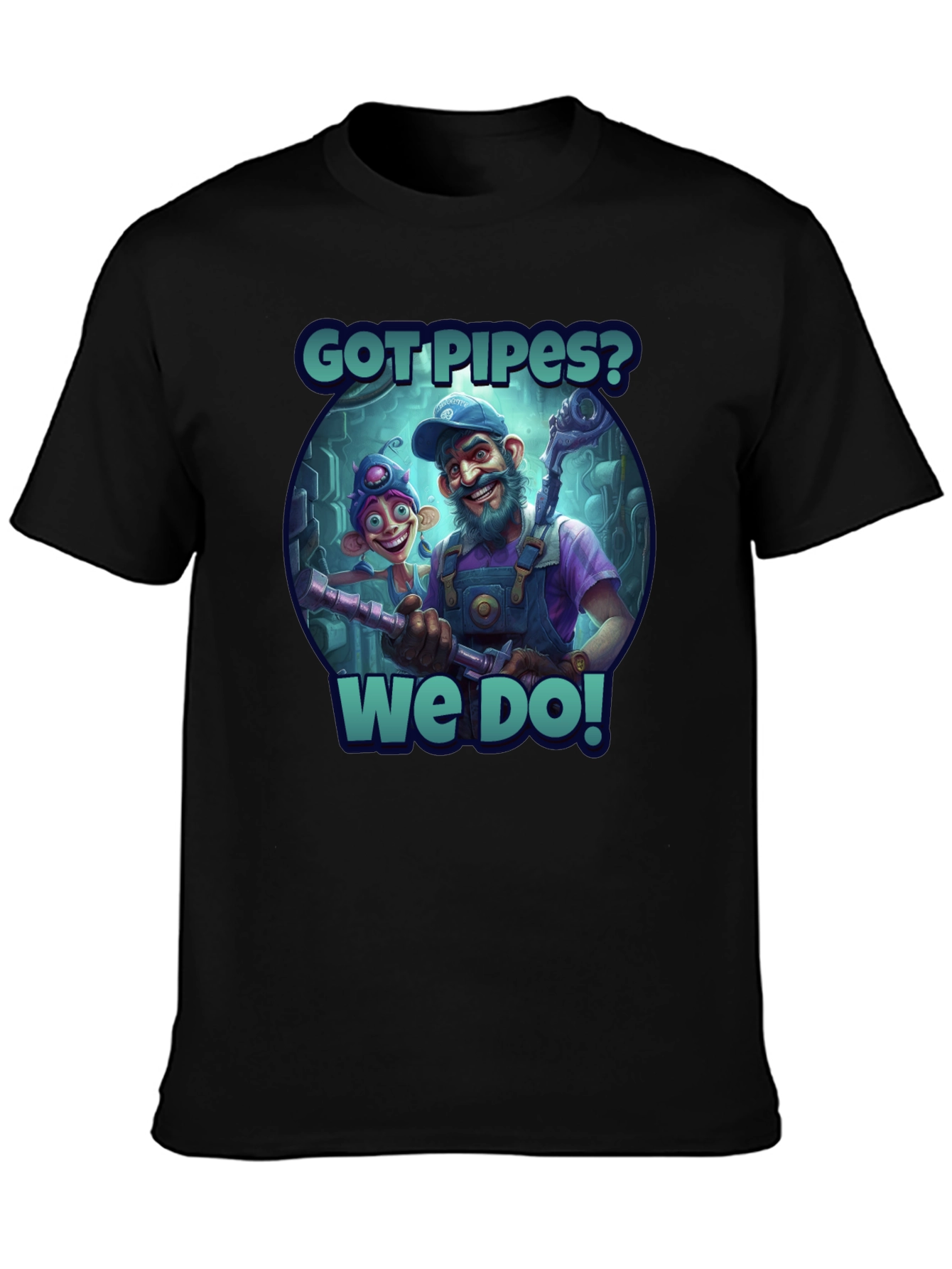Got Pipes? Funny Cartoon Plumbers Black T-Shirt