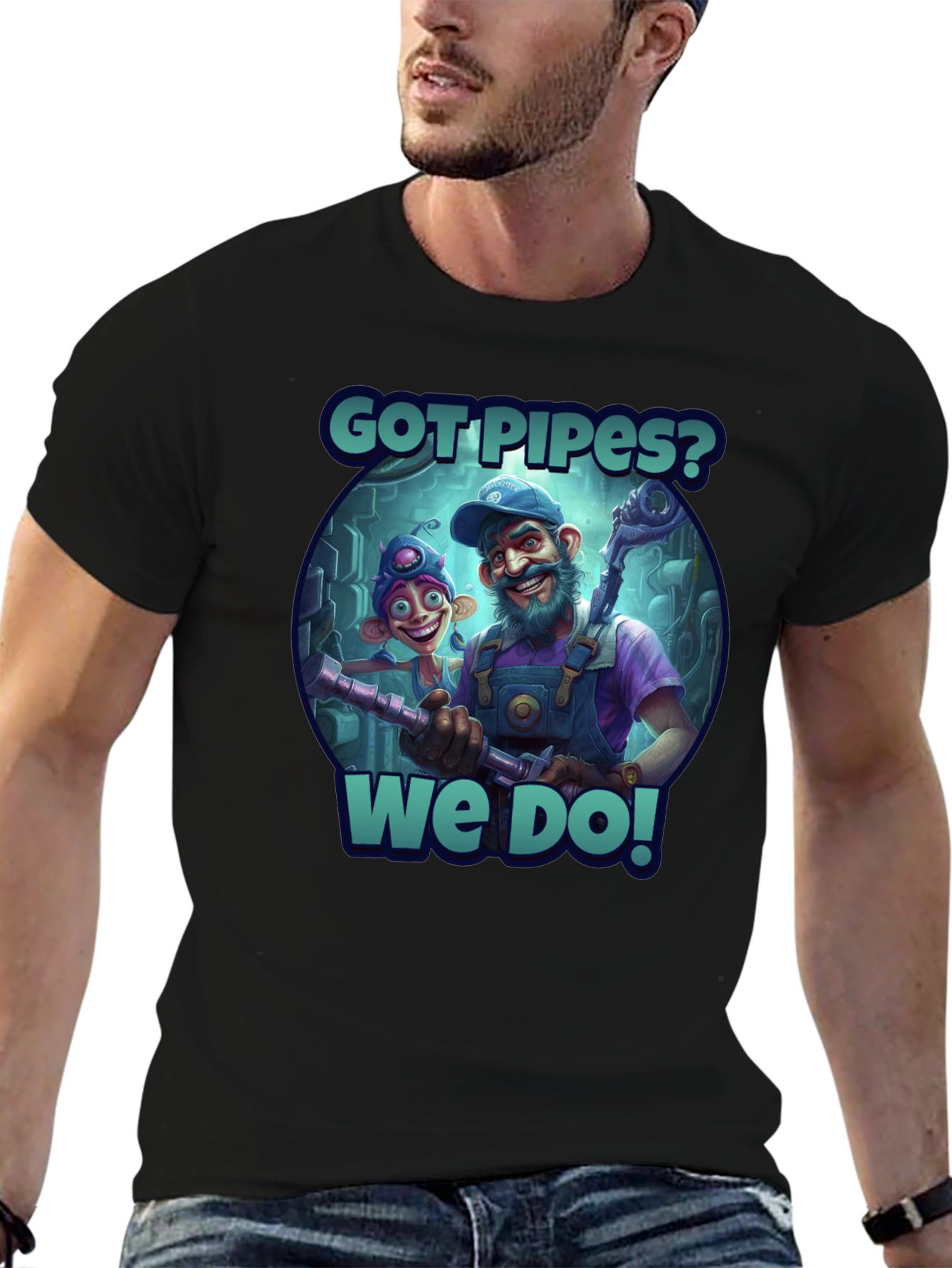 Got Pipes? Funny Cartoon Plumbers Black T-Shirt
