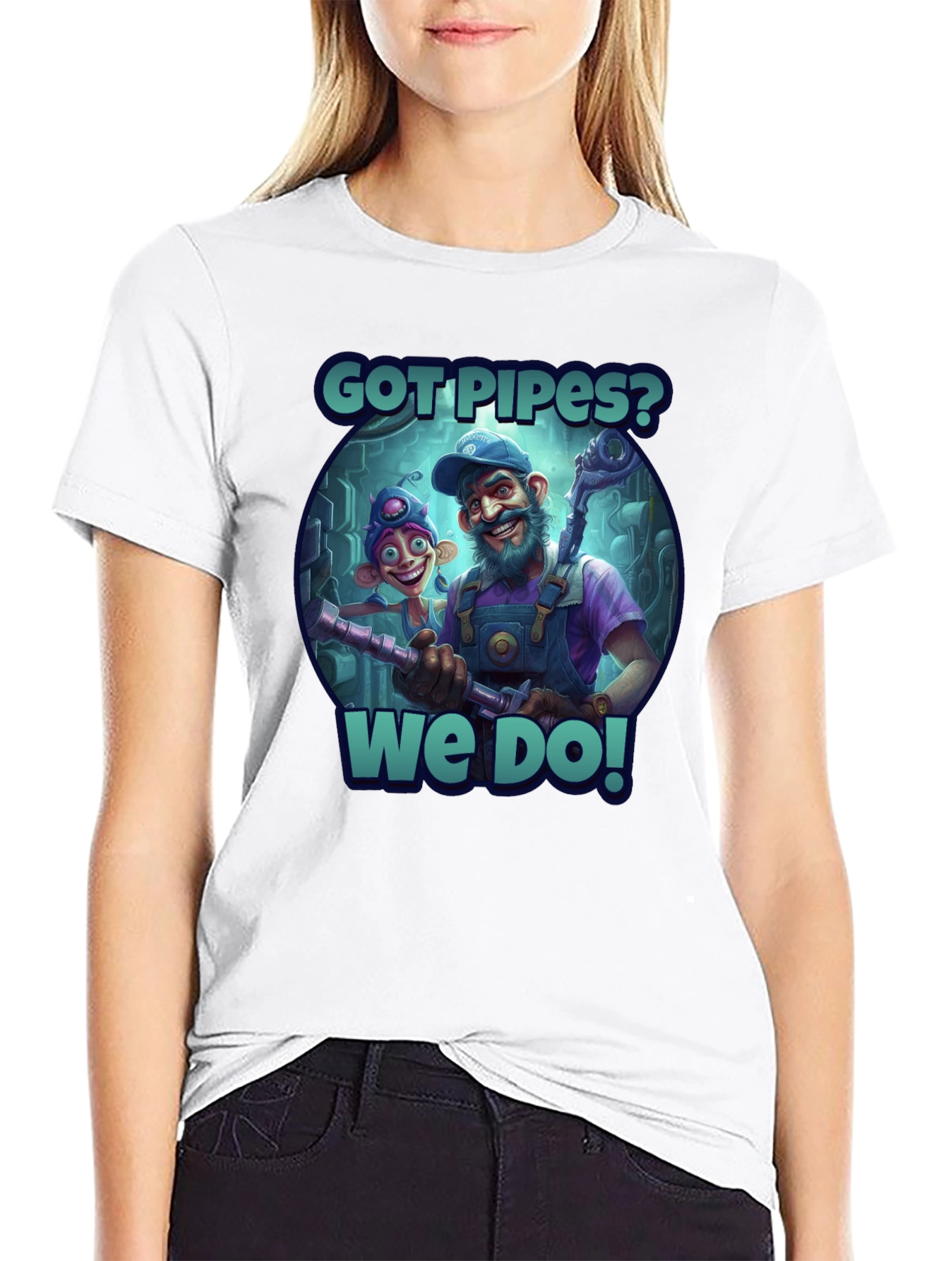 Got Pipes? Funny Cartoon Plumbers Black T-Shirt