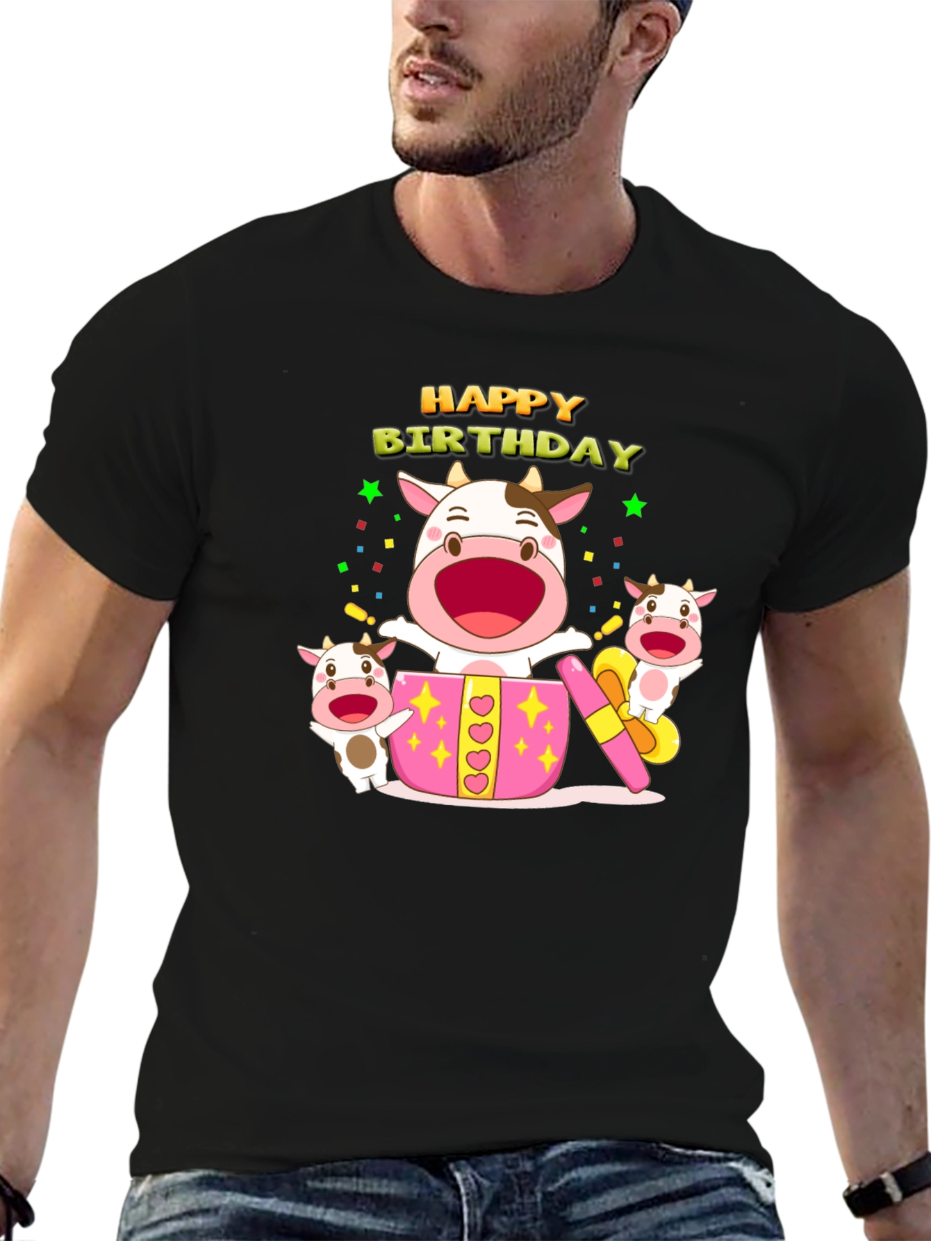 Happy Birthday Cow T-Shirt - Black