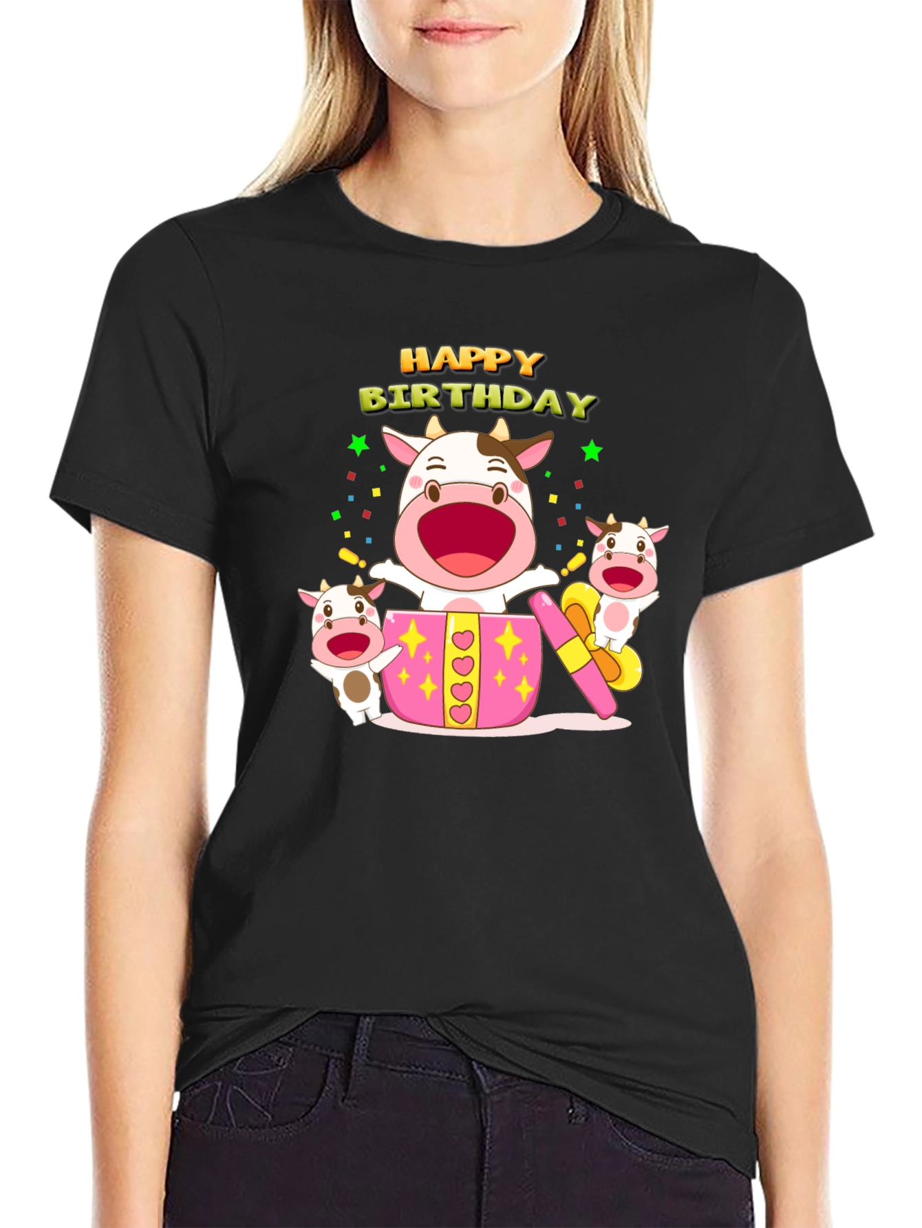 Happy Birthday Cow T-Shirt - Black