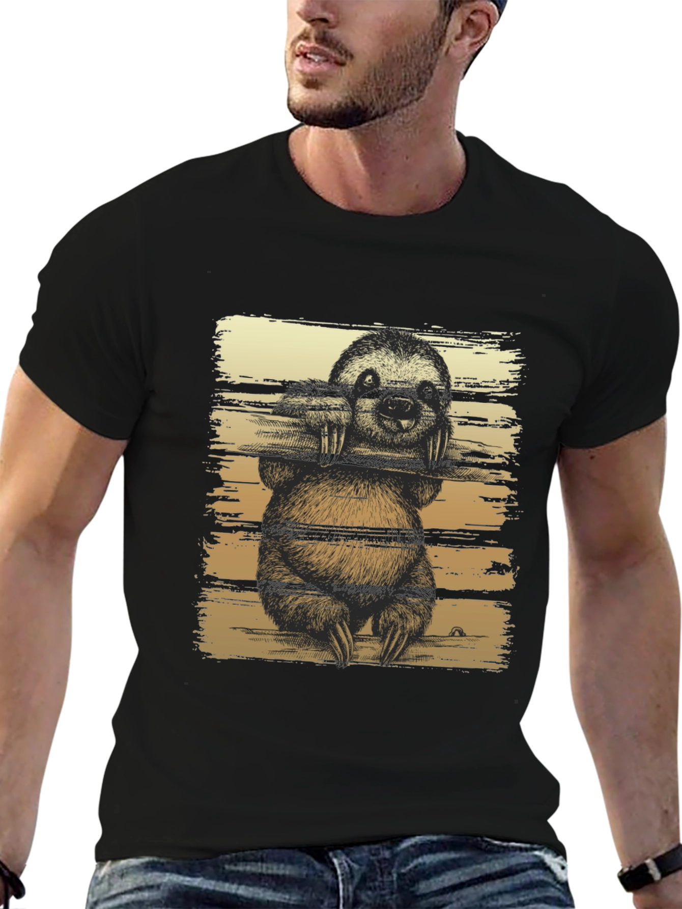 Sloth Graphic Print Mens Black T-Shirt