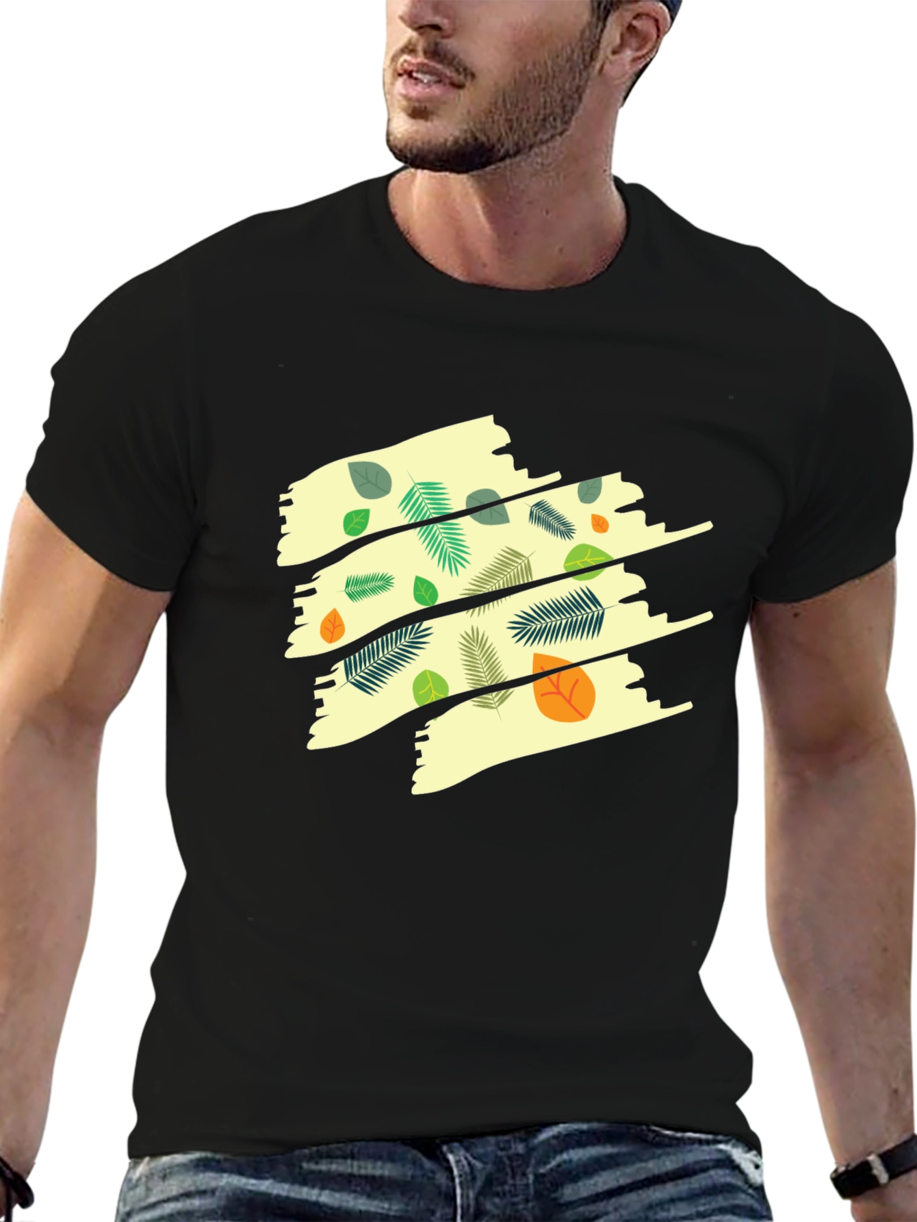 Leaf Print Mens Black T-Shirt