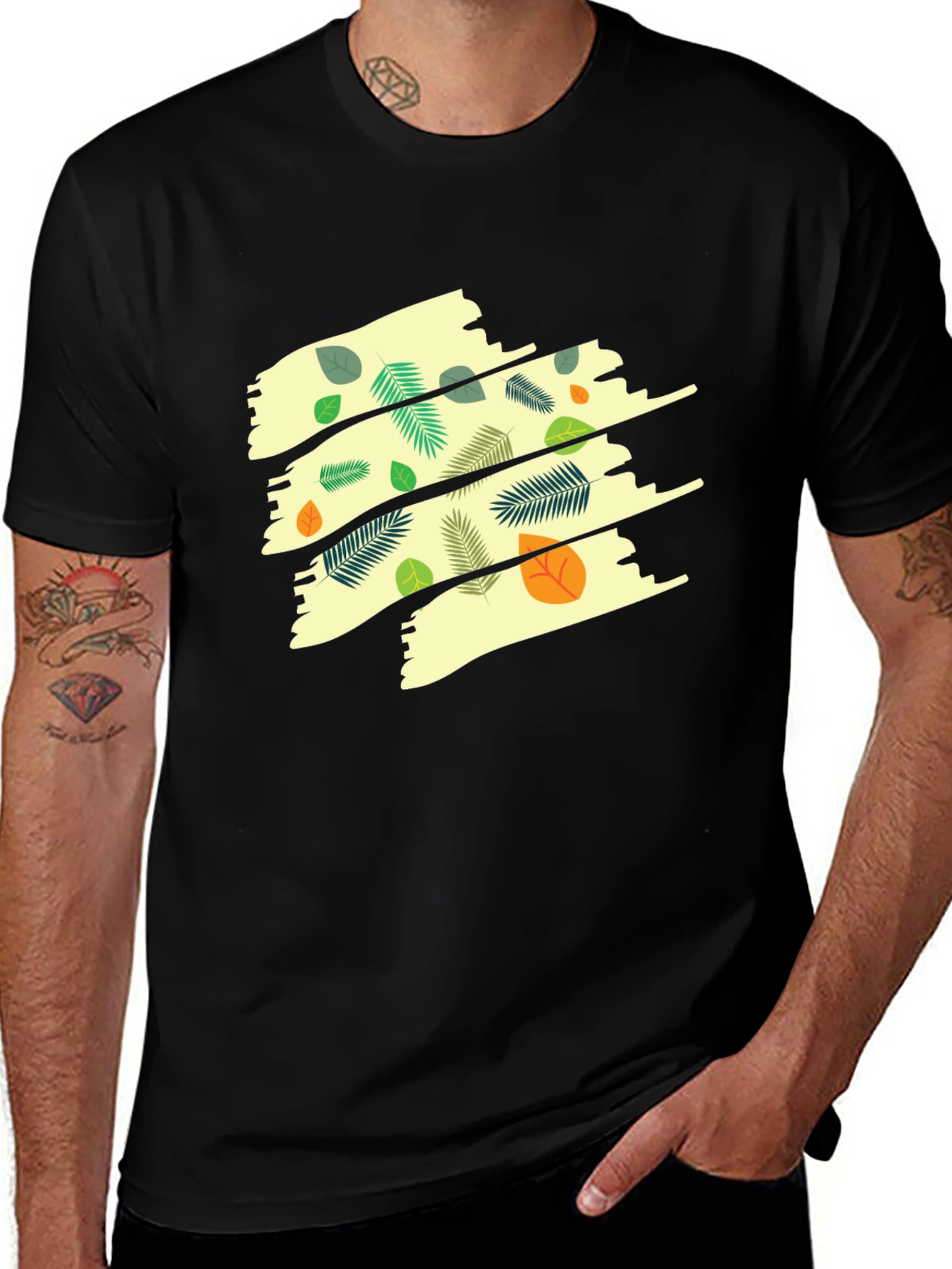 Leaf Print Mens Black T-Shirt