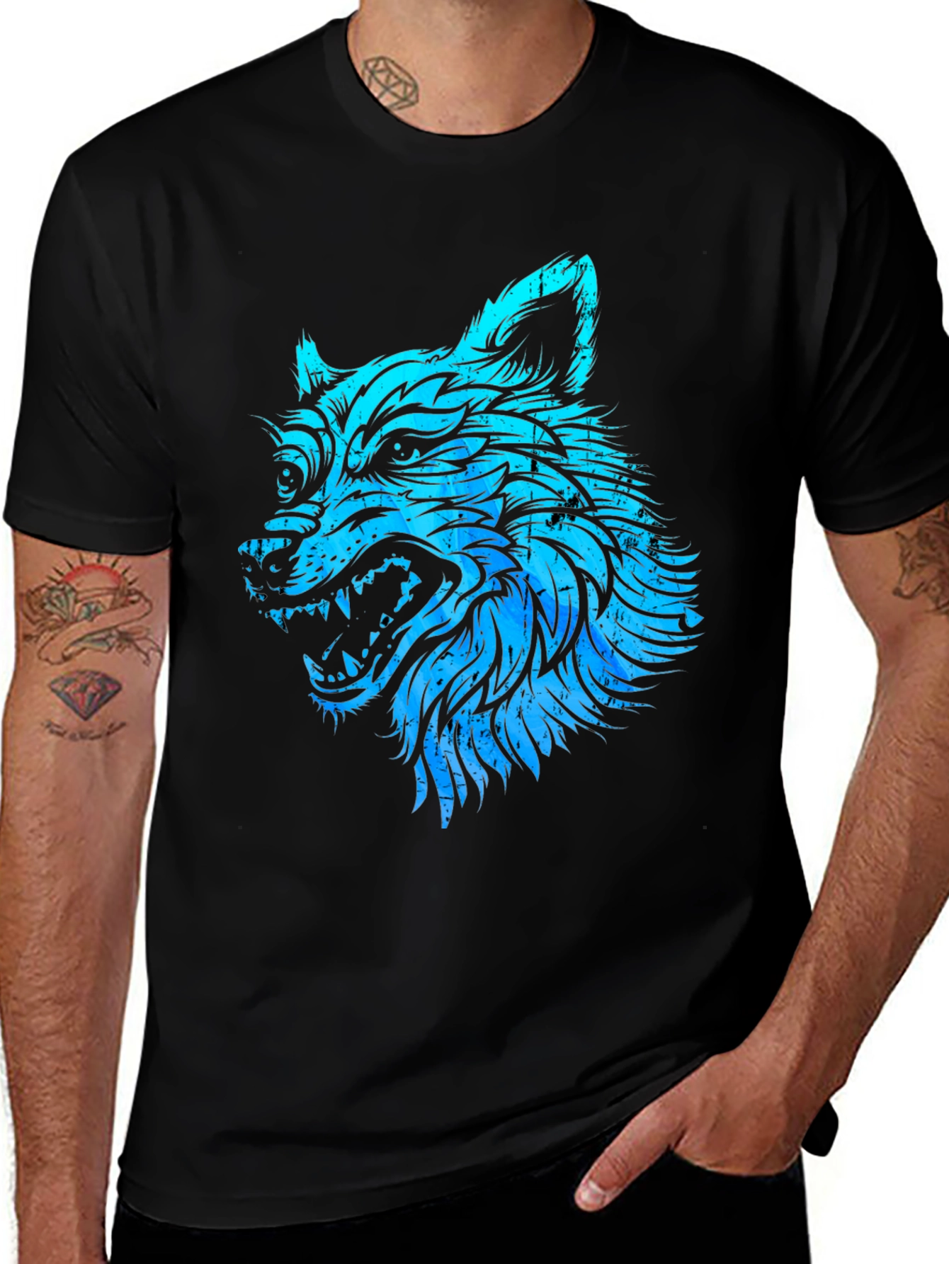 Blue Wolf Graphic Black T-Shirt - Mens Fashion