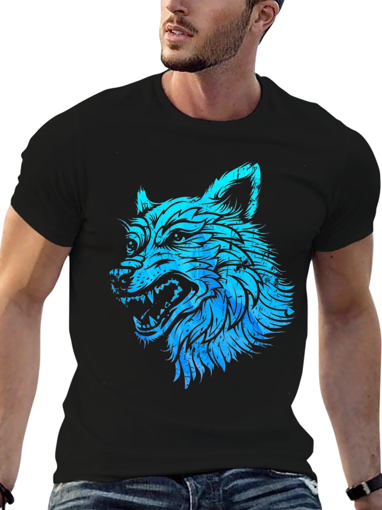 Blue Wolf Graphic Black T-Shirt - Mens Fashion