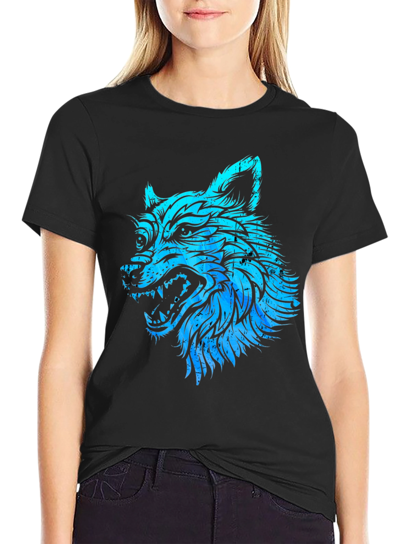 Blue Wolf Graphic Black T-Shirt - Mens Fashion