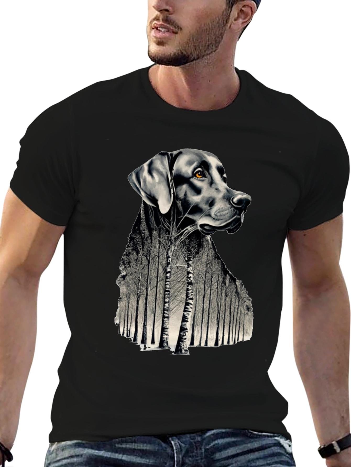 Dog Forest Graphic Print Black T-Shirt
