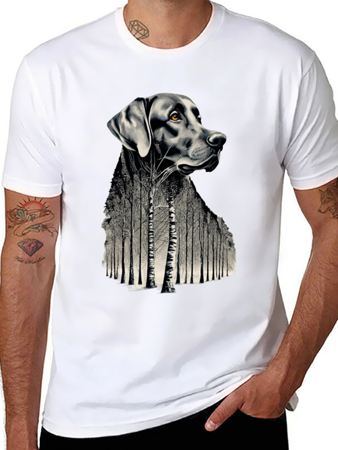 Dog Forest Graphic Print Black T-Shirt