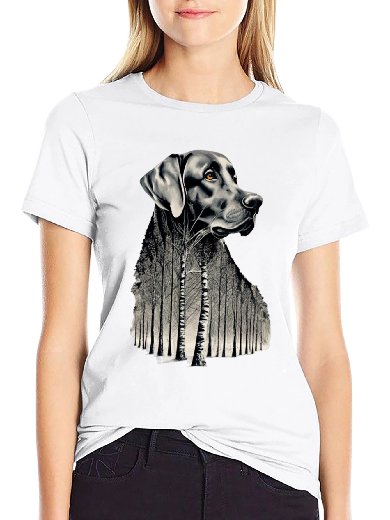 Dog Forest Graphic Print Black T-Shirt