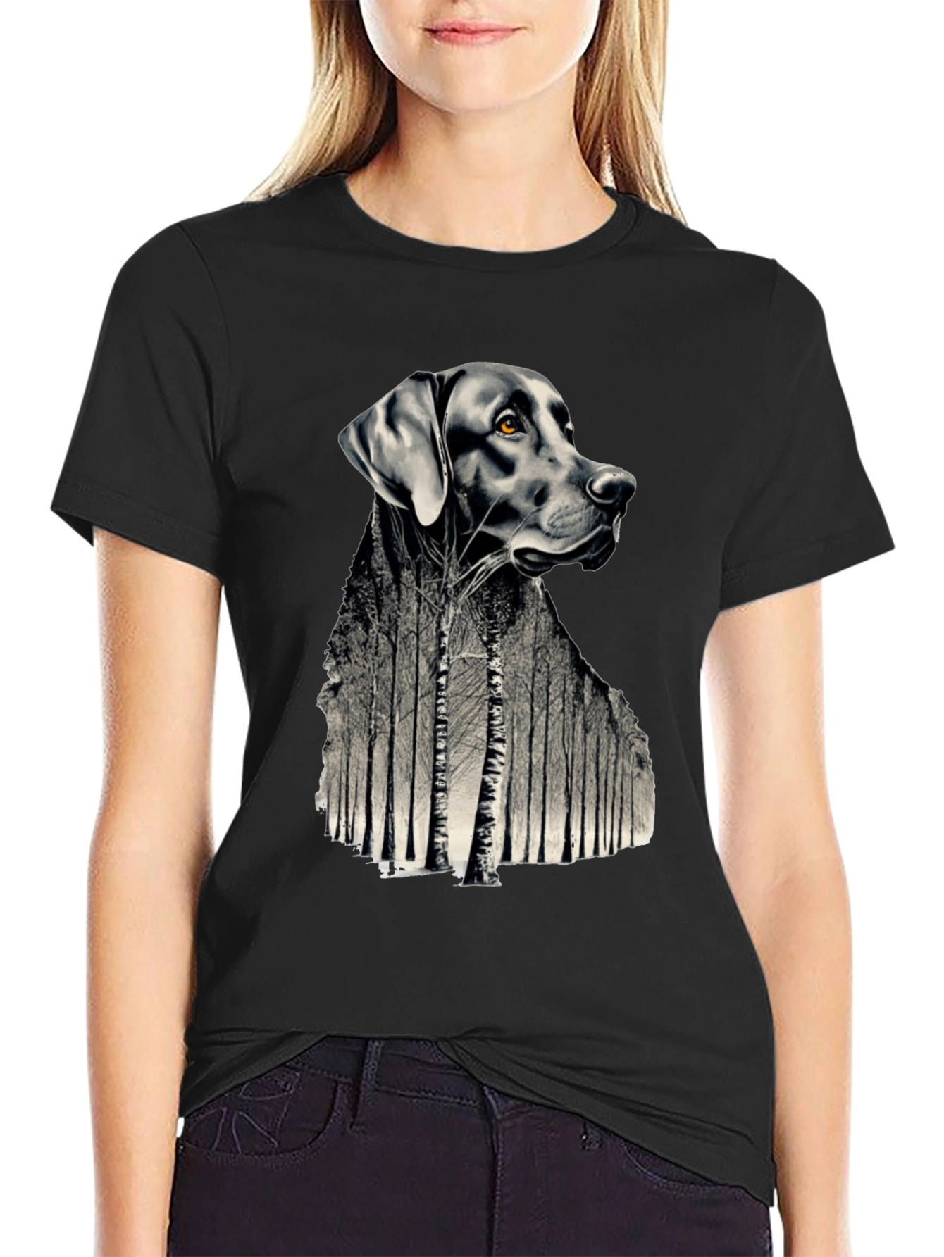 Dog Forest Graphic Print Black T-Shirt