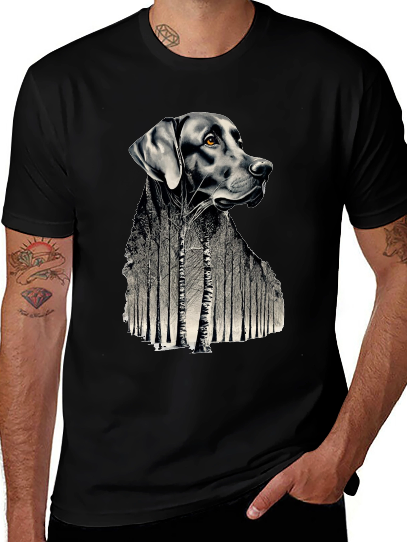 Dog Forest Graphic Print Black T-Shirt